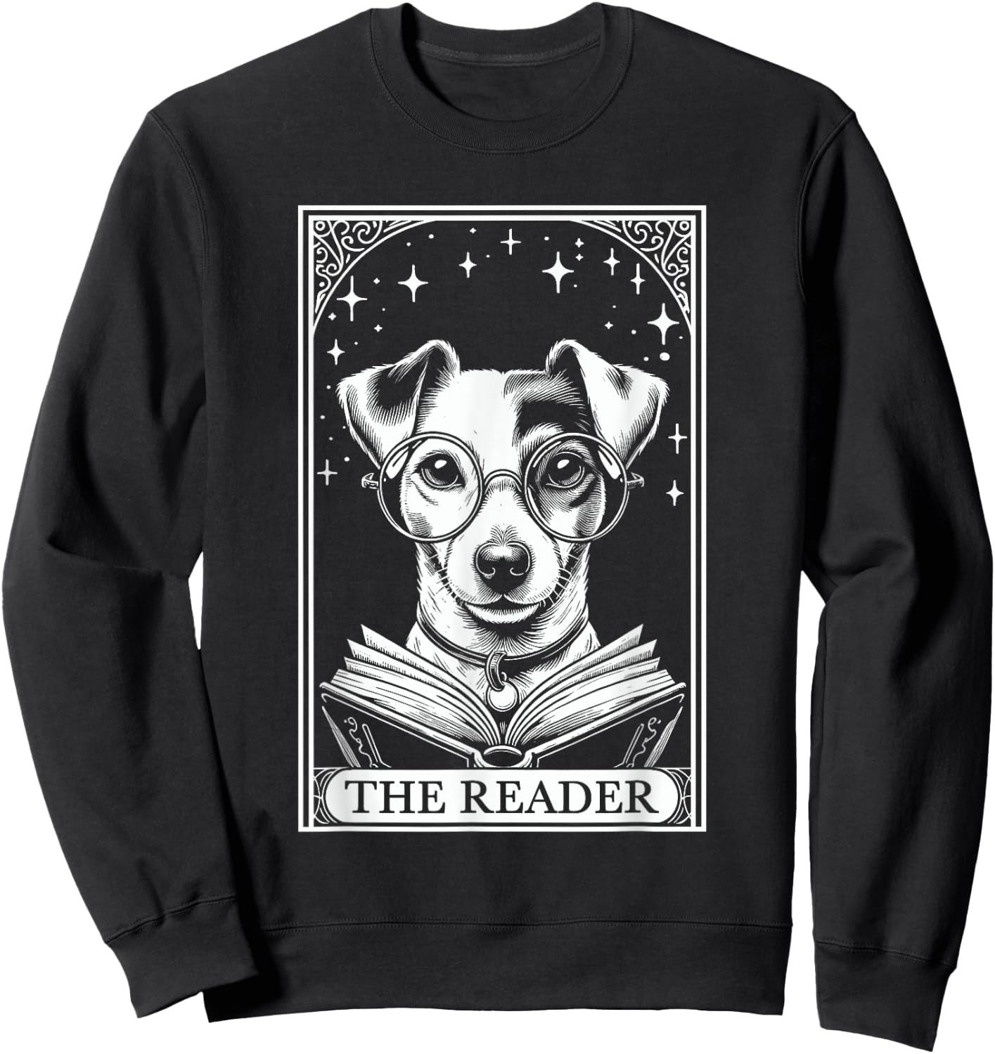 Retro Funny Jack Russell Dog Mom Reading Bookworm Tarot Card Jack Russell Terrier Book Lover - -Adults, -Kids - Black - Short Sleeve - Small Sweatshirt - Sweatshirt | Black