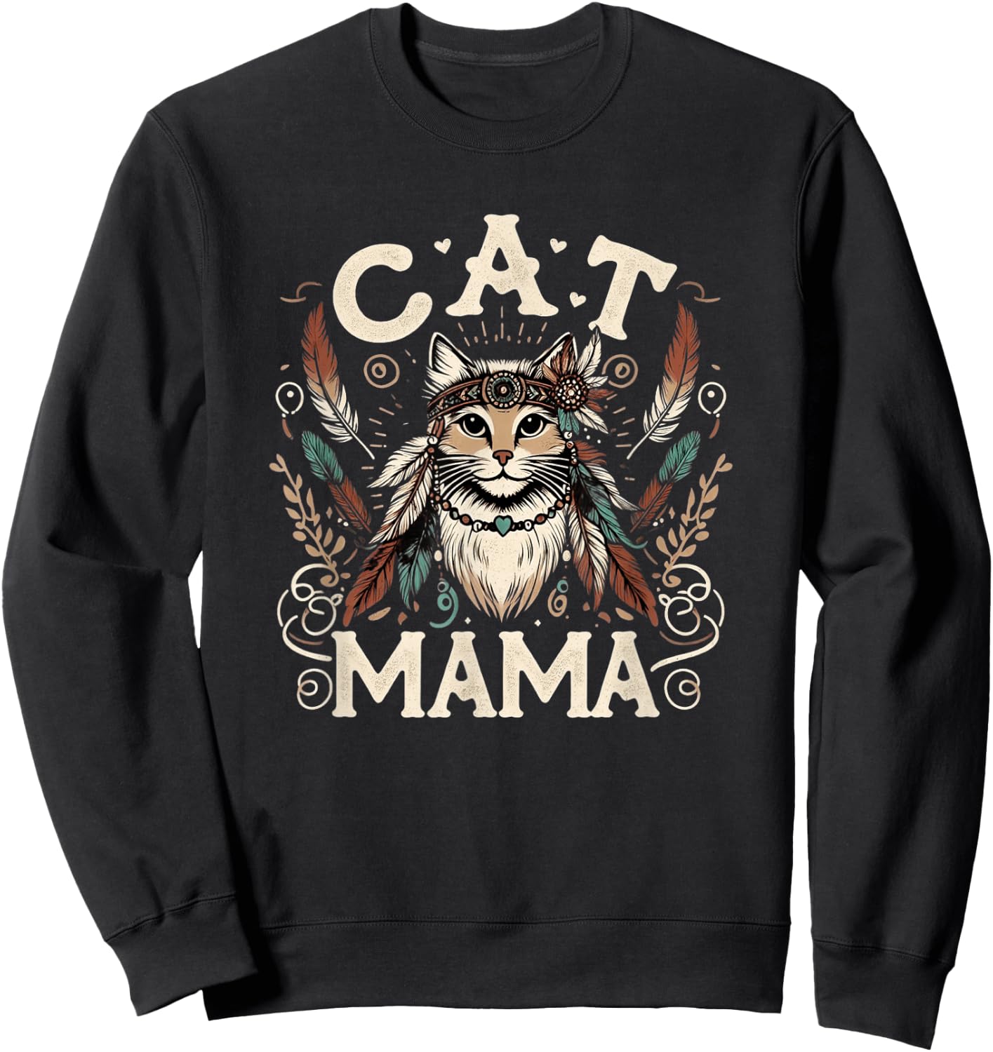 Cat Mama Cute Boho Cat Mother's Day Hippie Cat Mom Sweatshirt - Sweatshirt | Black