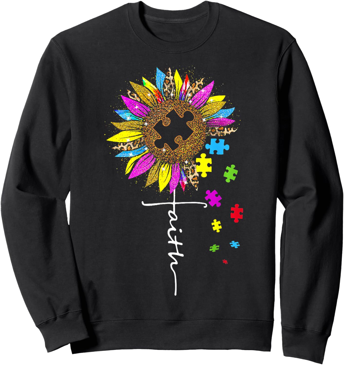 Faith Cross Sunflower Autism Mom Leopard Puzzle Pieces Sweatshirt - Sweatshirt | Black