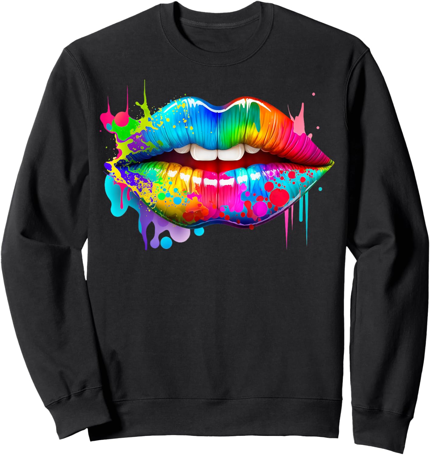 Colorful Lips Trendy Kiss Mouth Women Bright Mouth Dripping Sweatshirt - Sweatshirt | Black