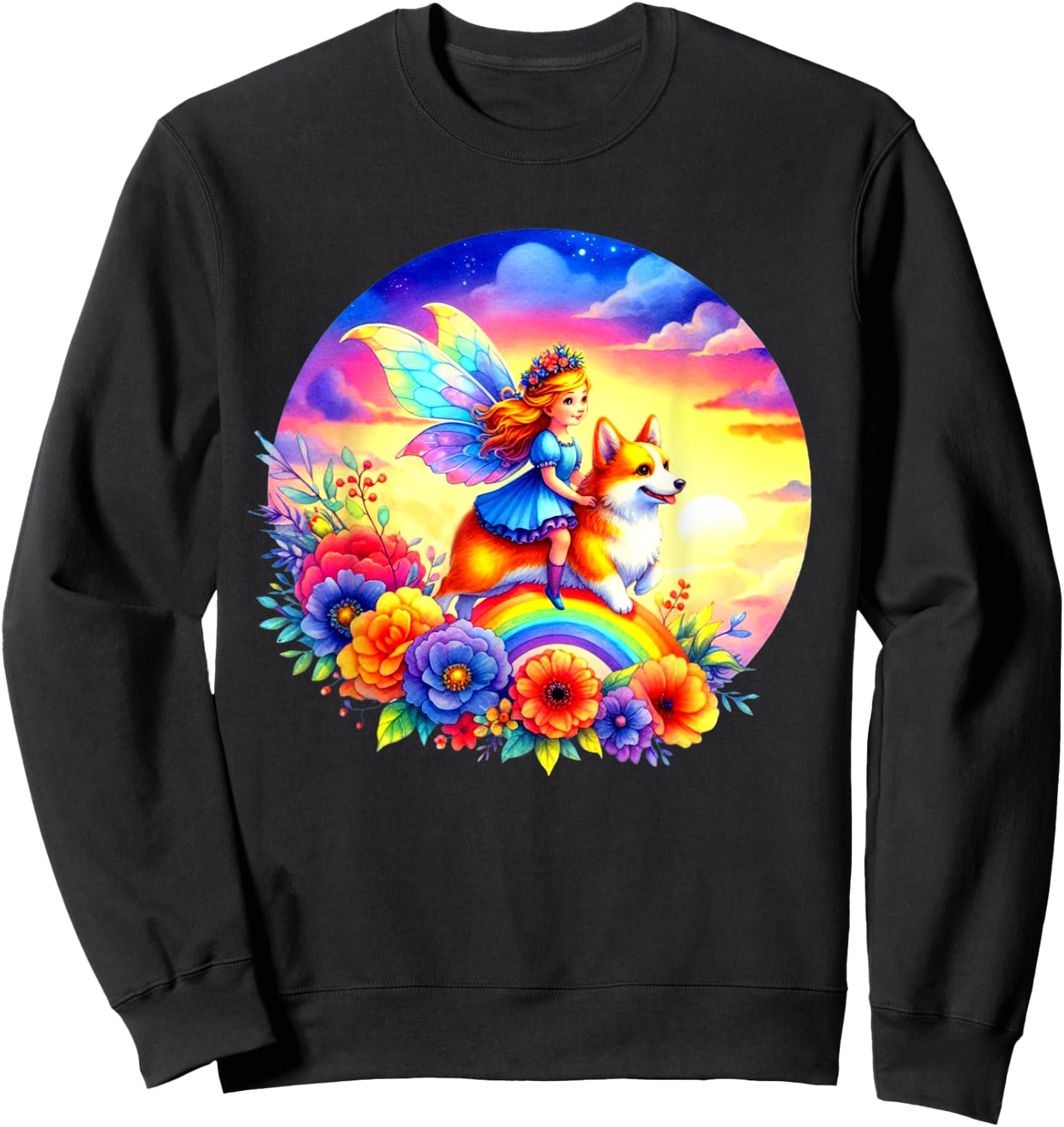 Fairy Riding Corgi Dog Rainbow Flowers Corgi Dog Lovers Art Sweatshirt - Sweatshirt | Black