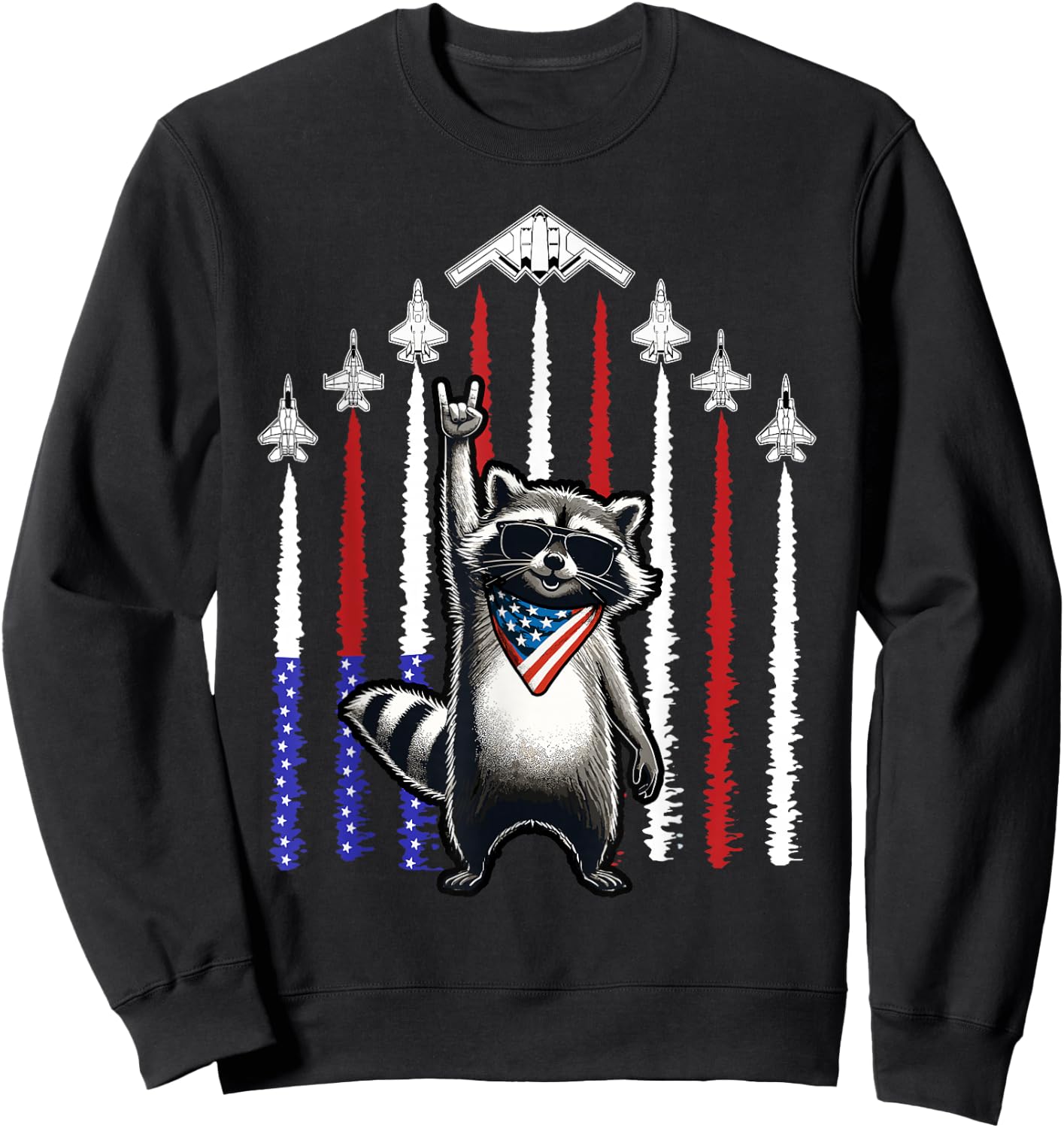 4th of July USA Flag Fighter Jets Raccoon Funny Patriotic Sweatshirt - Sweatshirt | Black