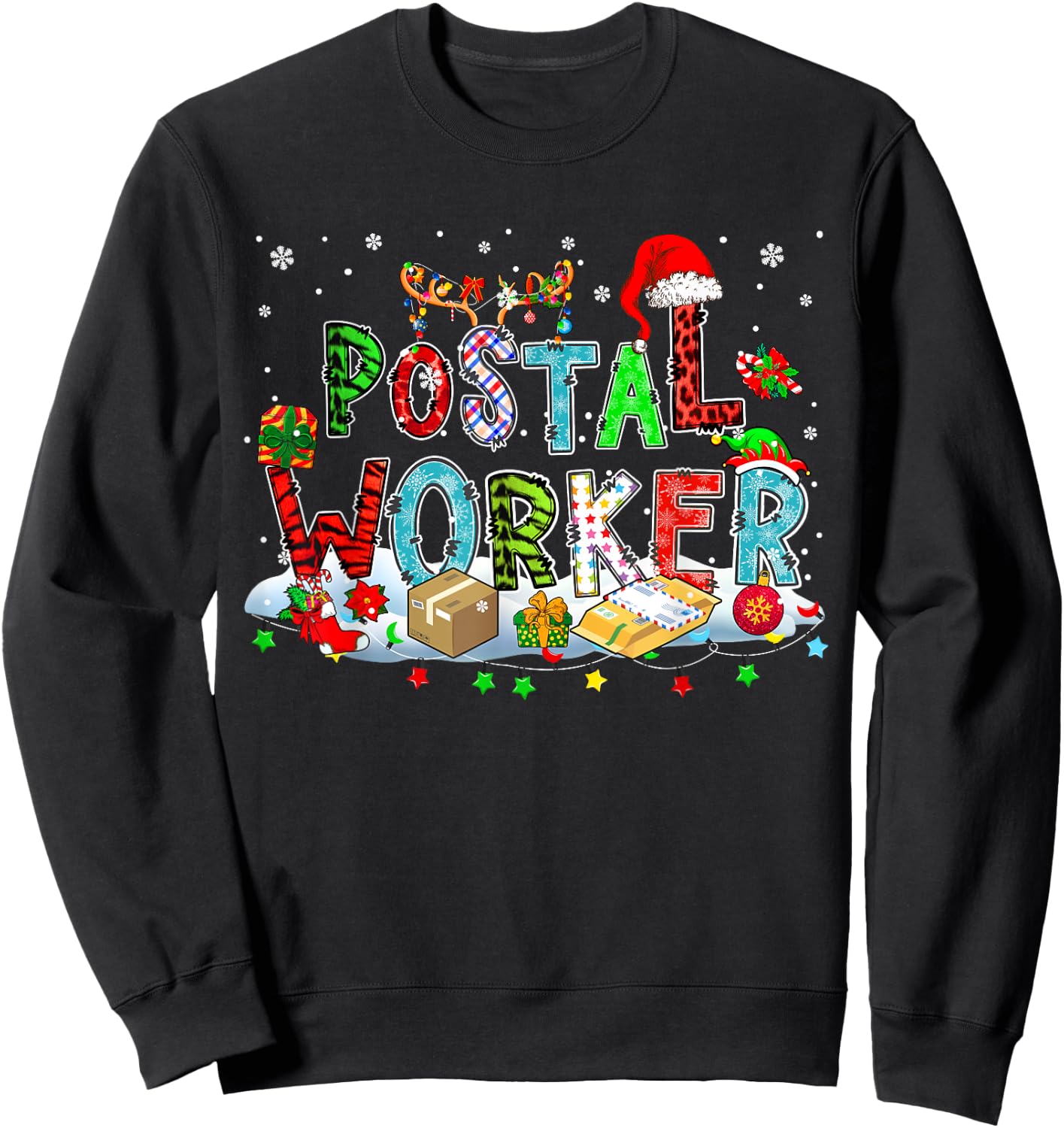 Postal Worker Xmas Leopard Plaid Santa Reindeer Elf Lover Sweatshirt - Sweatshirt | Black