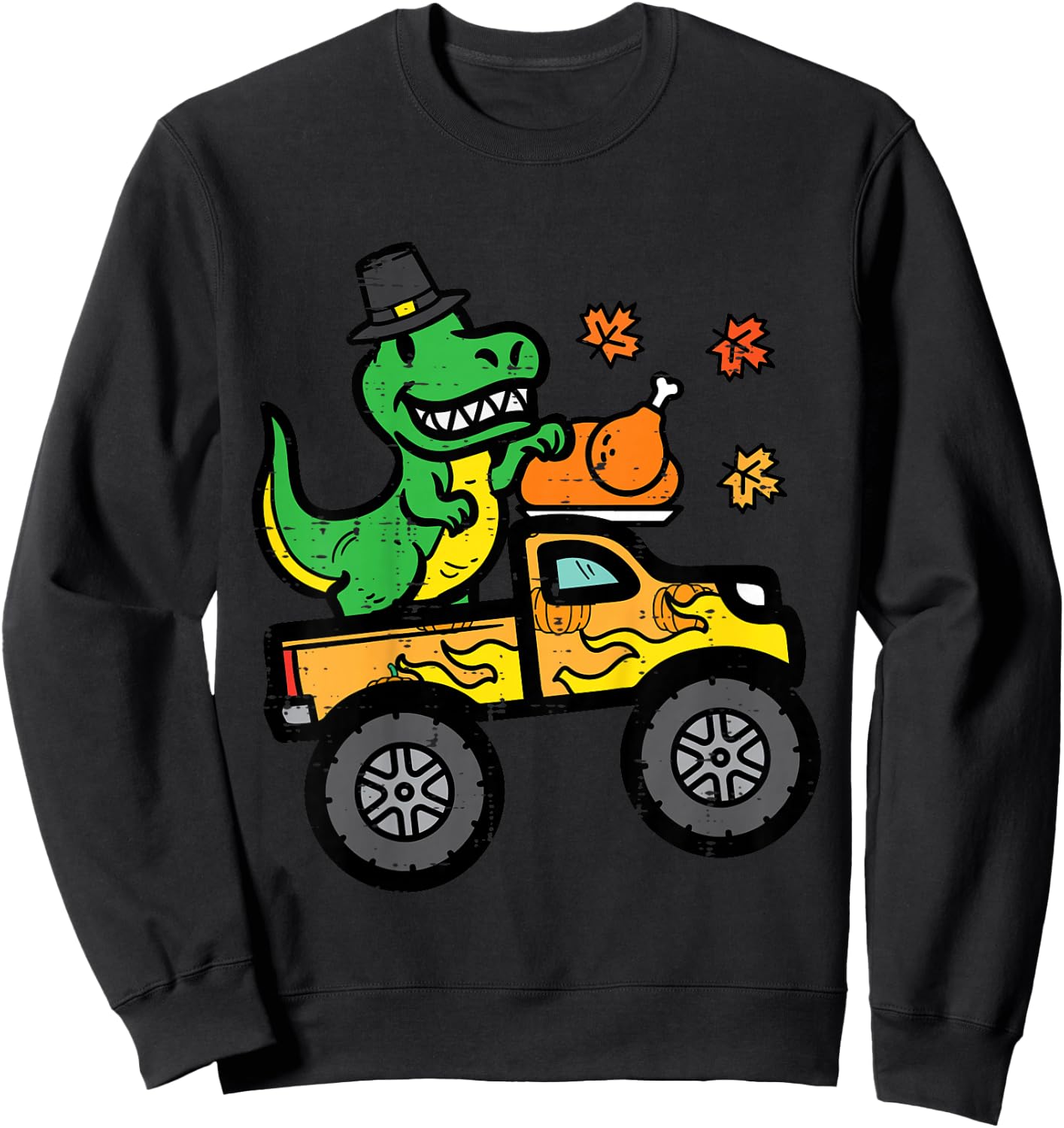 Kids Thanksgiving Dino Monster Truck Fall Trex Toddler Boys Kids Sweatshirt - Sweatshirt | Black