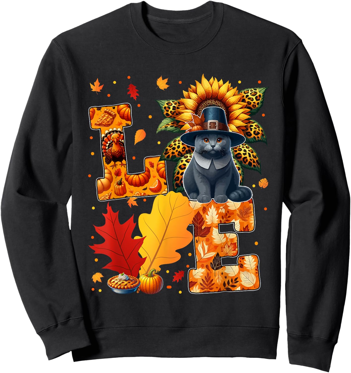 LOVE Thanksgiving Russian Blue Cat Costume Fall Leaves Women Kids Sweatshirt - Sweatshirt | Black