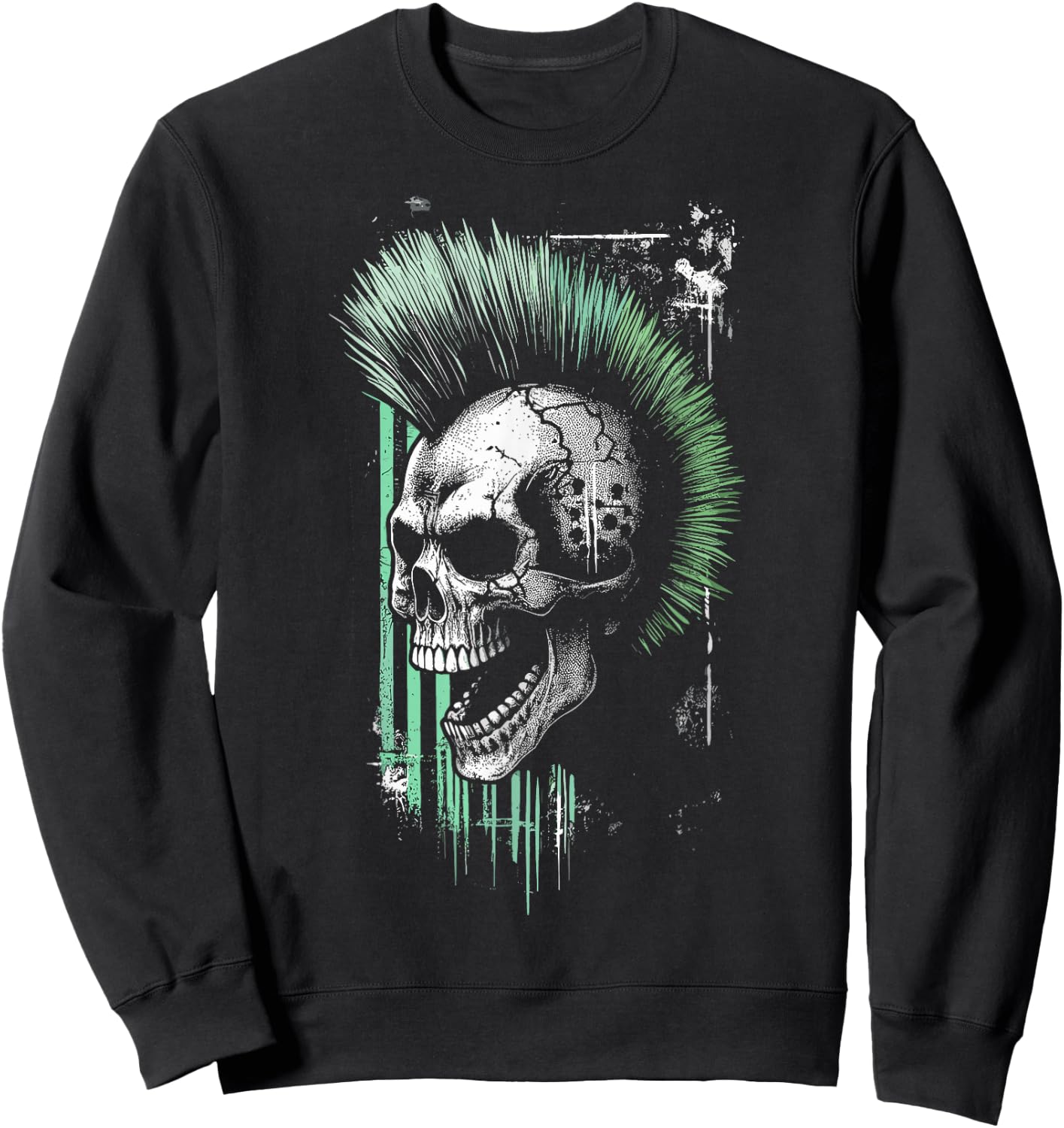 Vintage Graffiti Skull with Green Mohawk Sweatshirt - Sweatshirt | Black