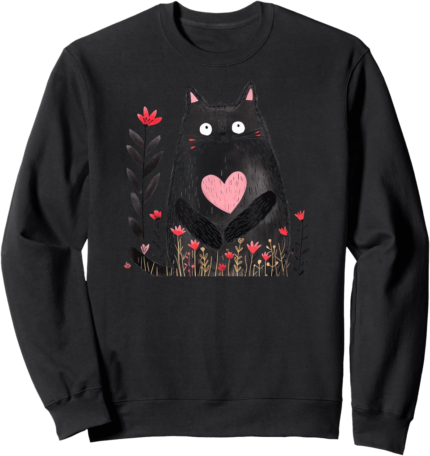 Cute Black Cat Heart Flowers Love Valentine Pink Red Top Women Kids Sweatshirt - Sweatshirt | Black