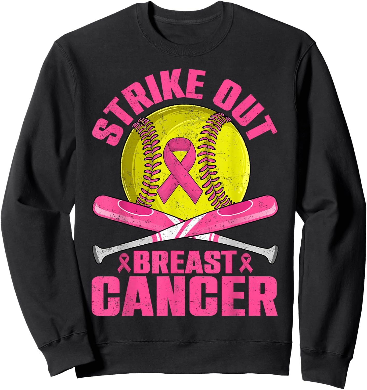 Strike Out Breast Cancer Softball Pink Ribbon Women Girls Sweatshirt - Sweatshirt | Black