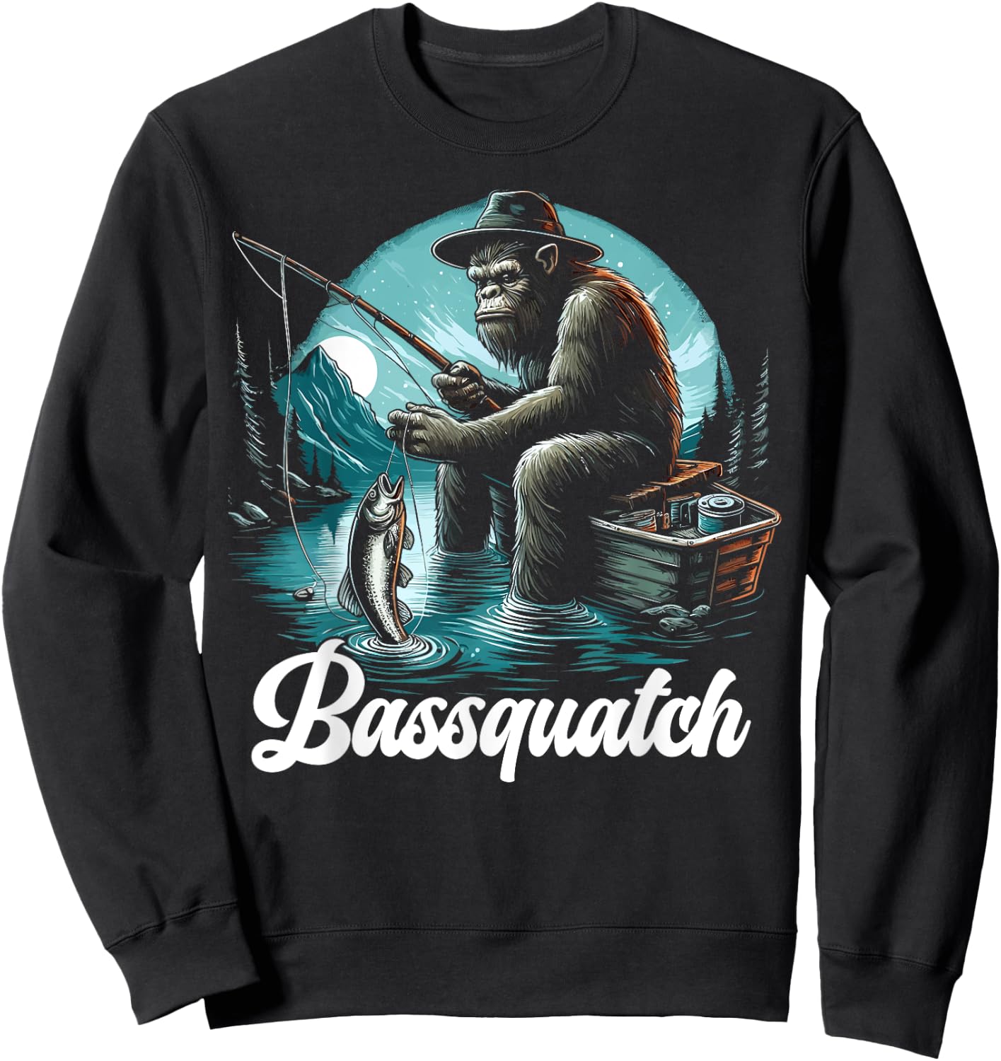 Bassquatch! Funny Bass Fishing Sasquatch Retro 80s Fisherman Sweatshirt - Sweatshirt | Black