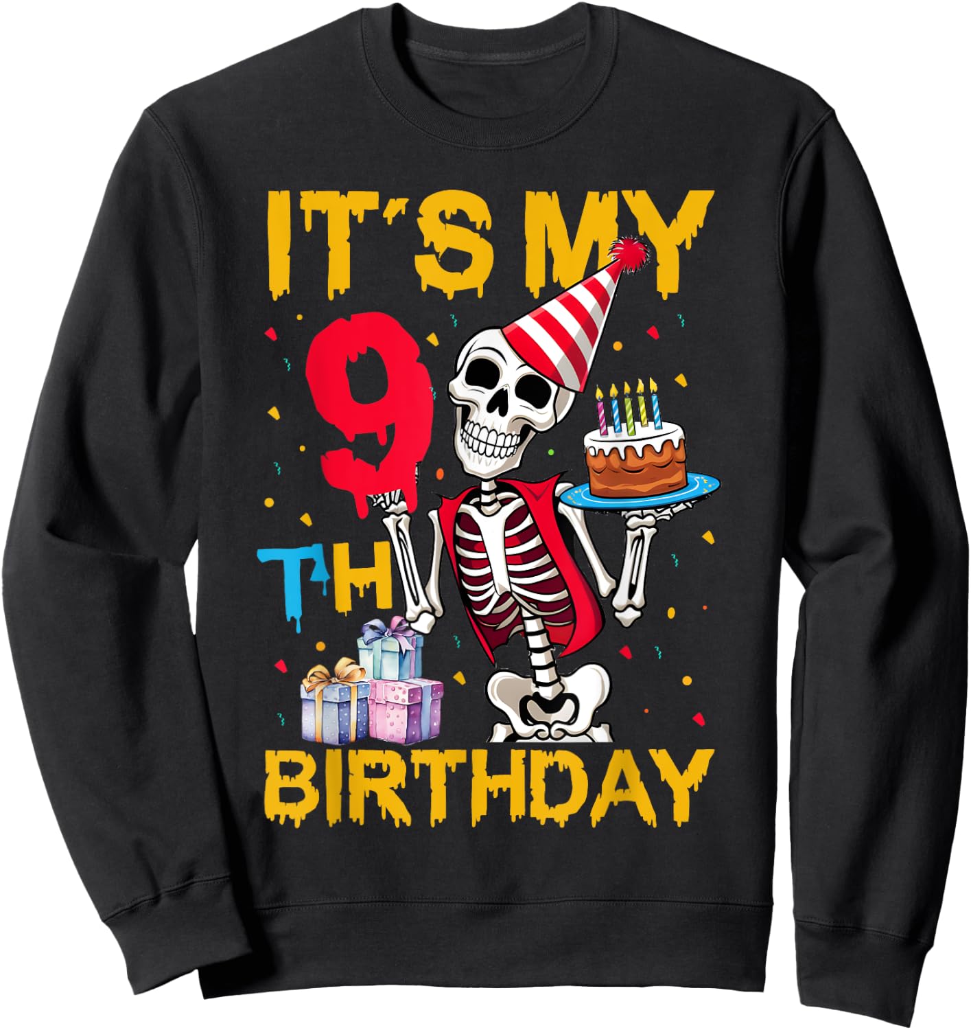It's My 9th Birthday Party Halloween Skeleton Birthday Sweatshirt - Sweatshirt | Black