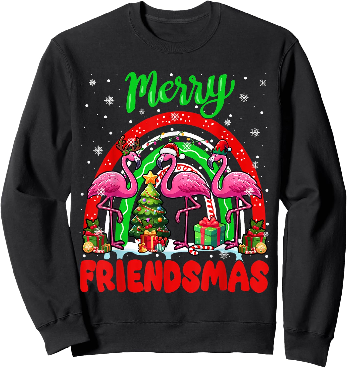 Merry Christmas Friends Three Santa Flamingos Rainbow Sweatshirt - Sweatshirt | Black