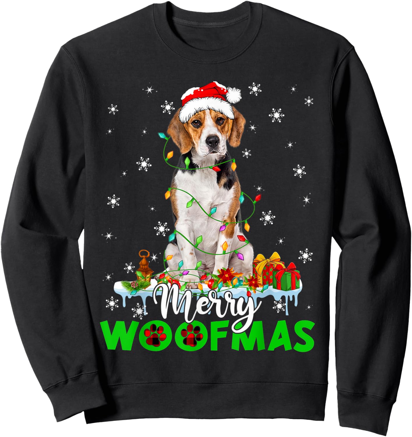 Beagle Dog Merry Woofmas Funny Xmas Lights Santa Hat Sweatshirt - Sweatshirt | Black