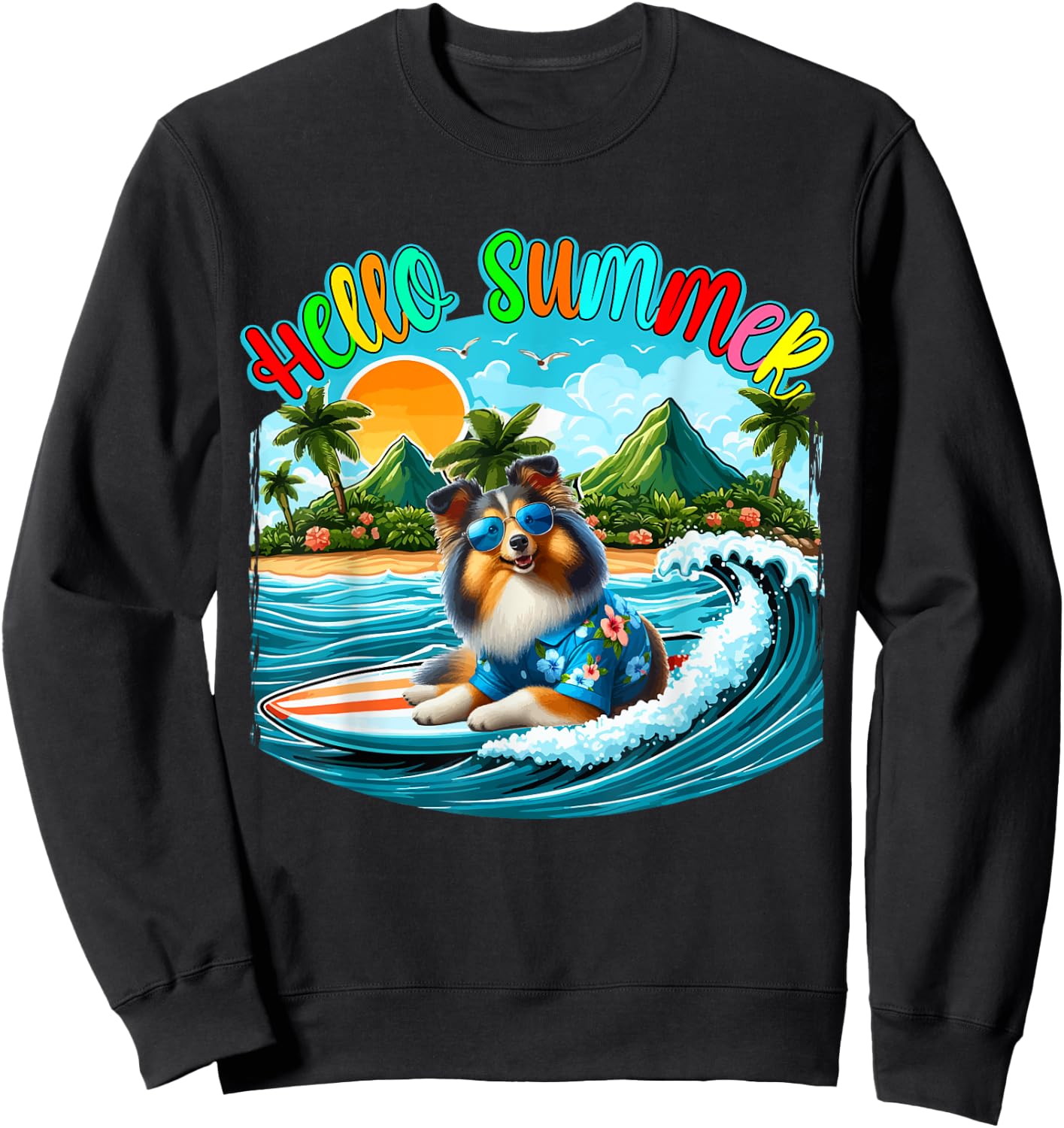 Summer Costume Sheltie Sunglasses Surfing On Beach Surfer Women Kids Sweatshirt - Sweatshirt | Black