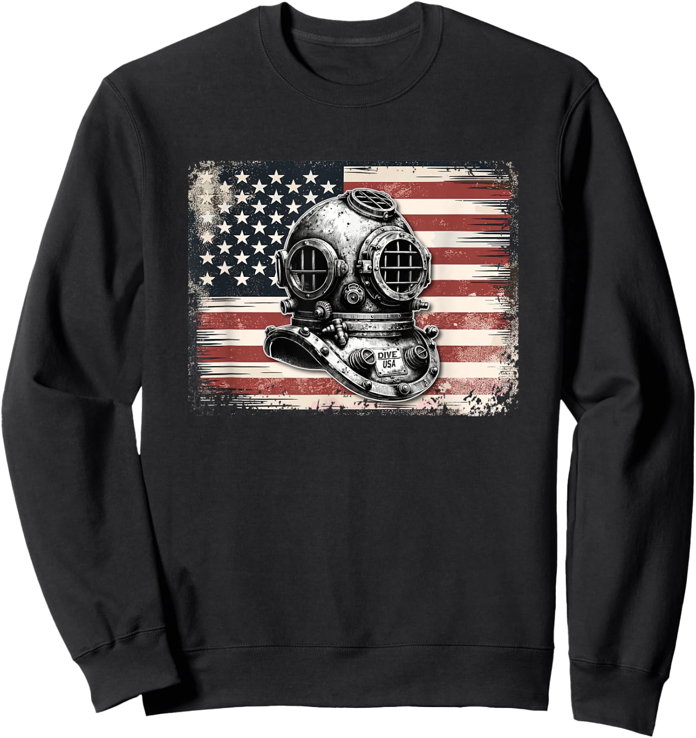 Vintage Scuba Dive Helmet American Flag - Funny Scuba Diving Sweatshirt - Sweatshirt | Black