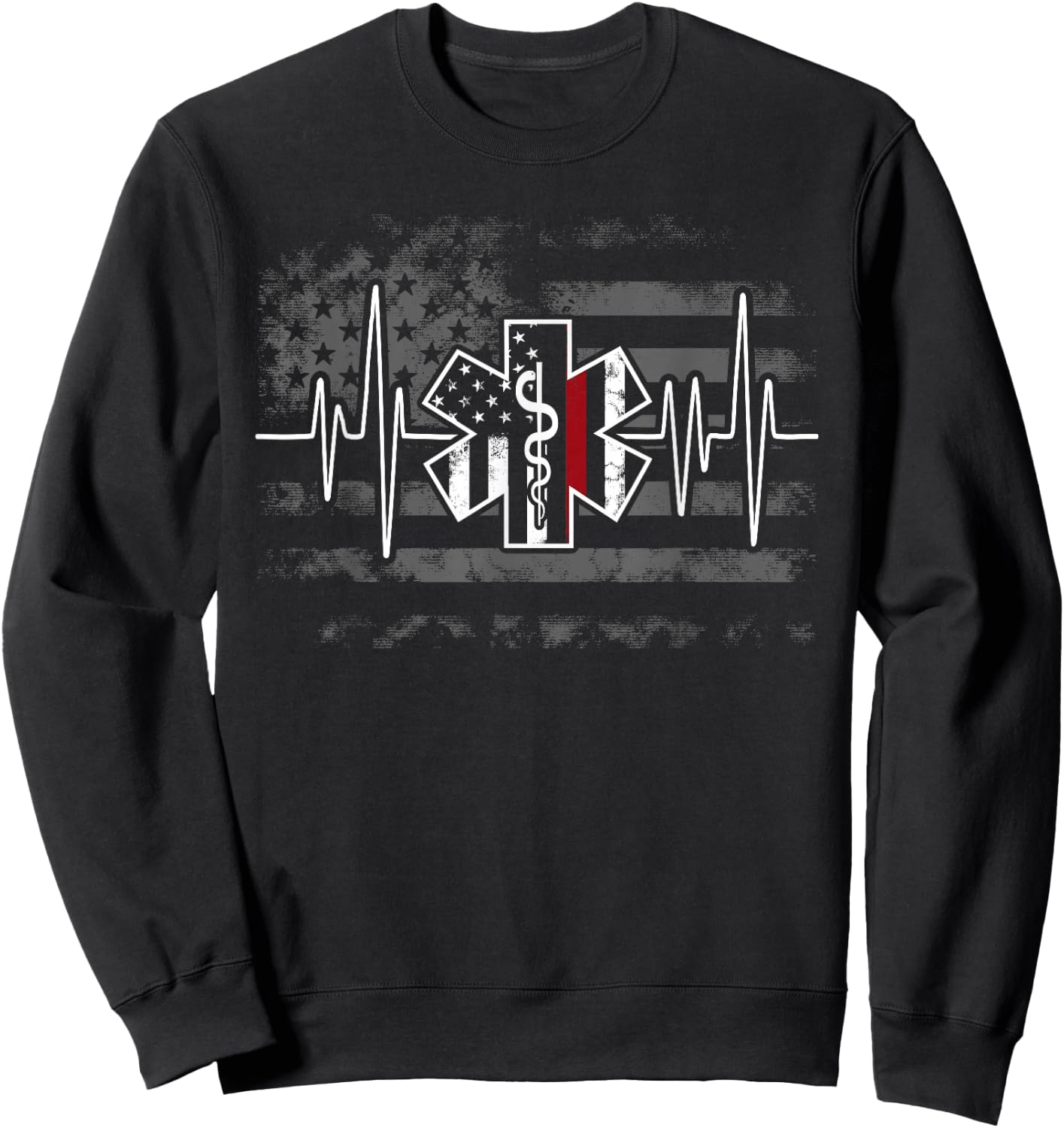 Firefighter EMS Heartbeat EKG Pulse Fireman American Flag Sweatshirt - Sweatshirt | Black