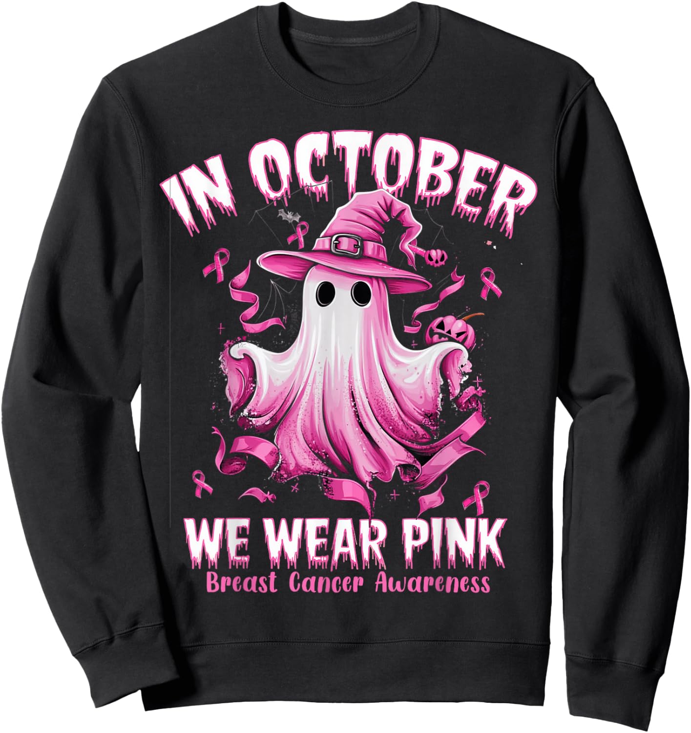 In October We Wear Pink Ghost Witch Breast Cancer Awareness Sweatshirt - Sweatshirt | Black