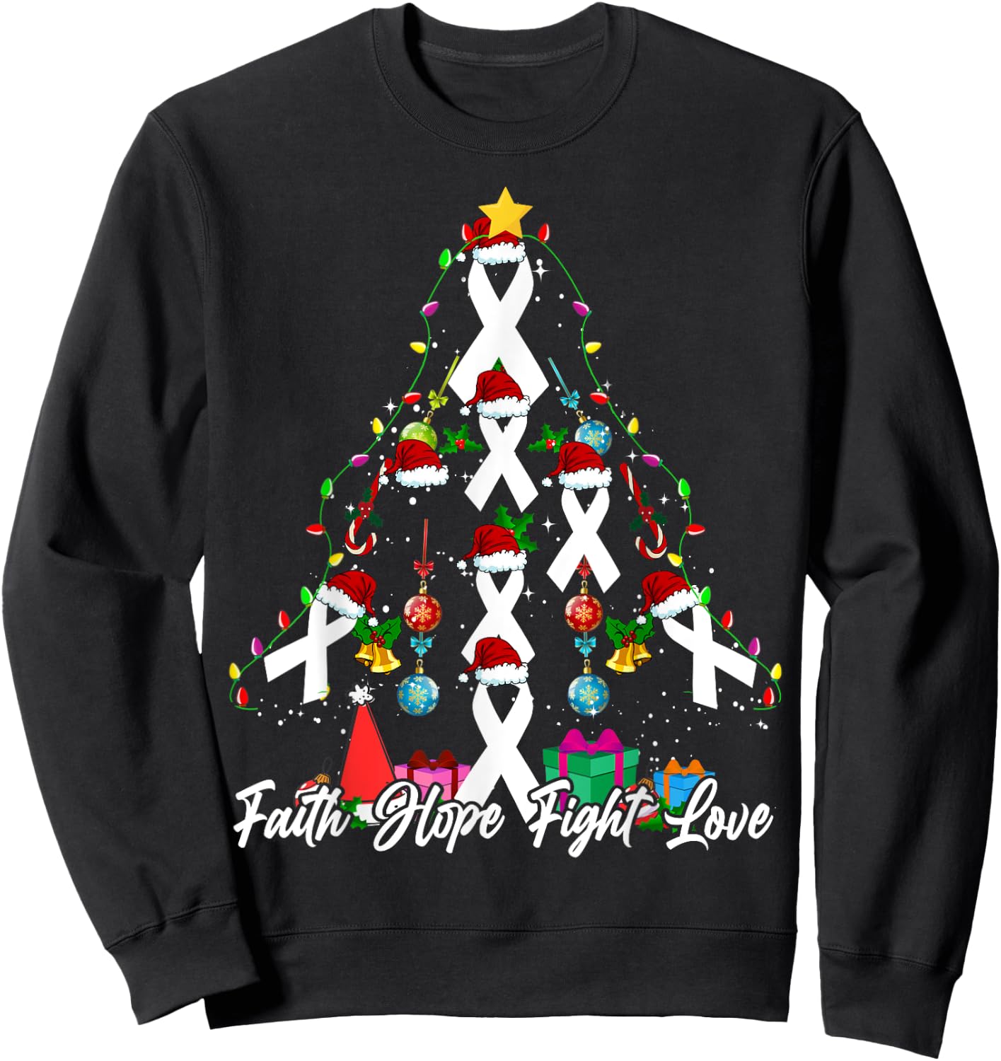 Santa White Ribbon Christmas Tree Lung Cancer Awareness Sweatshirt - Sweatshirt | Black
