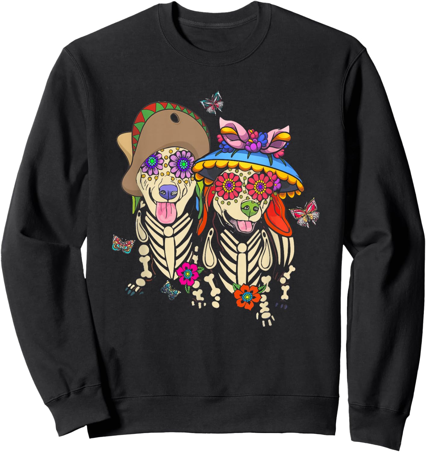 Sugar Skull Mexican Dachshund Bone Halloween Day Of Dead Sweatshirt - Sweatshirt | Black