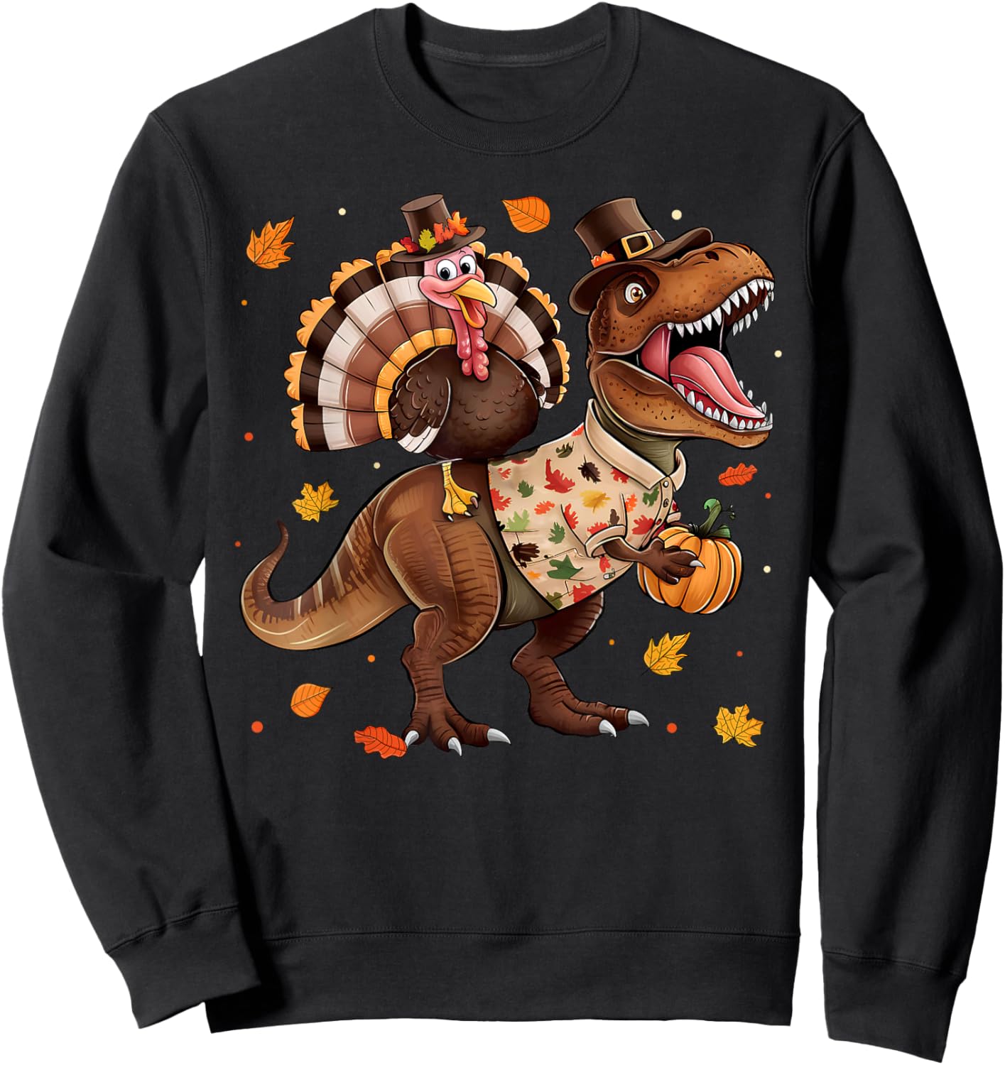 Funny Turkey Riding Dinosaur T rex Thanksgiving Boys Kids Sweatshirt - Sweatshirt | Black