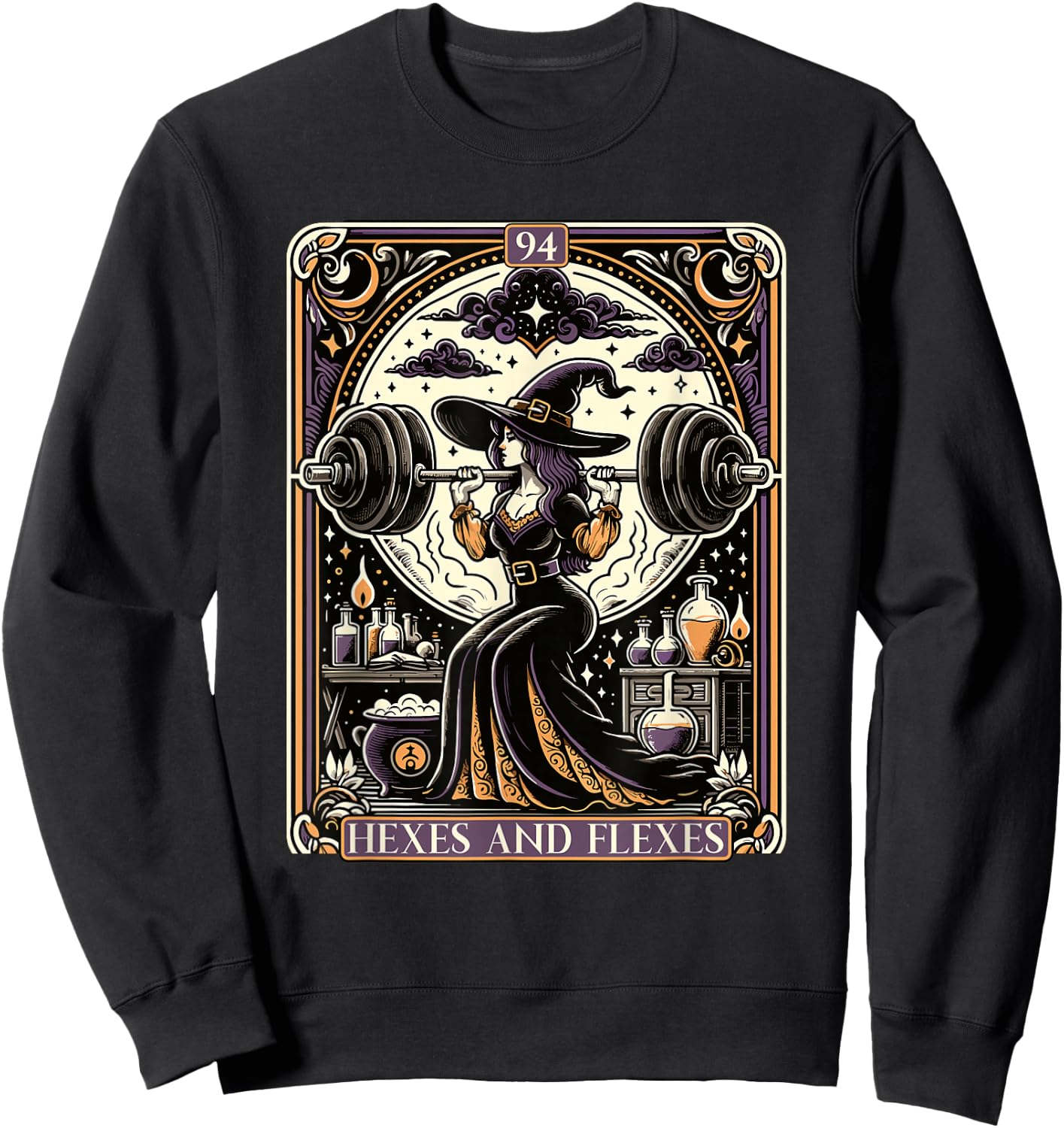 Witch Workout Fitness Deadlifting Hexes Flexes Tarot Card Sweatshirt - Sweatshirt | Black