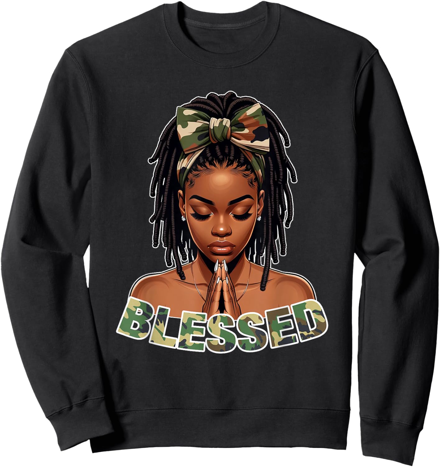 Praying Young Black Girl With Braids Locs Blessed Camo Sweatshirt - Sweatshirt | Black