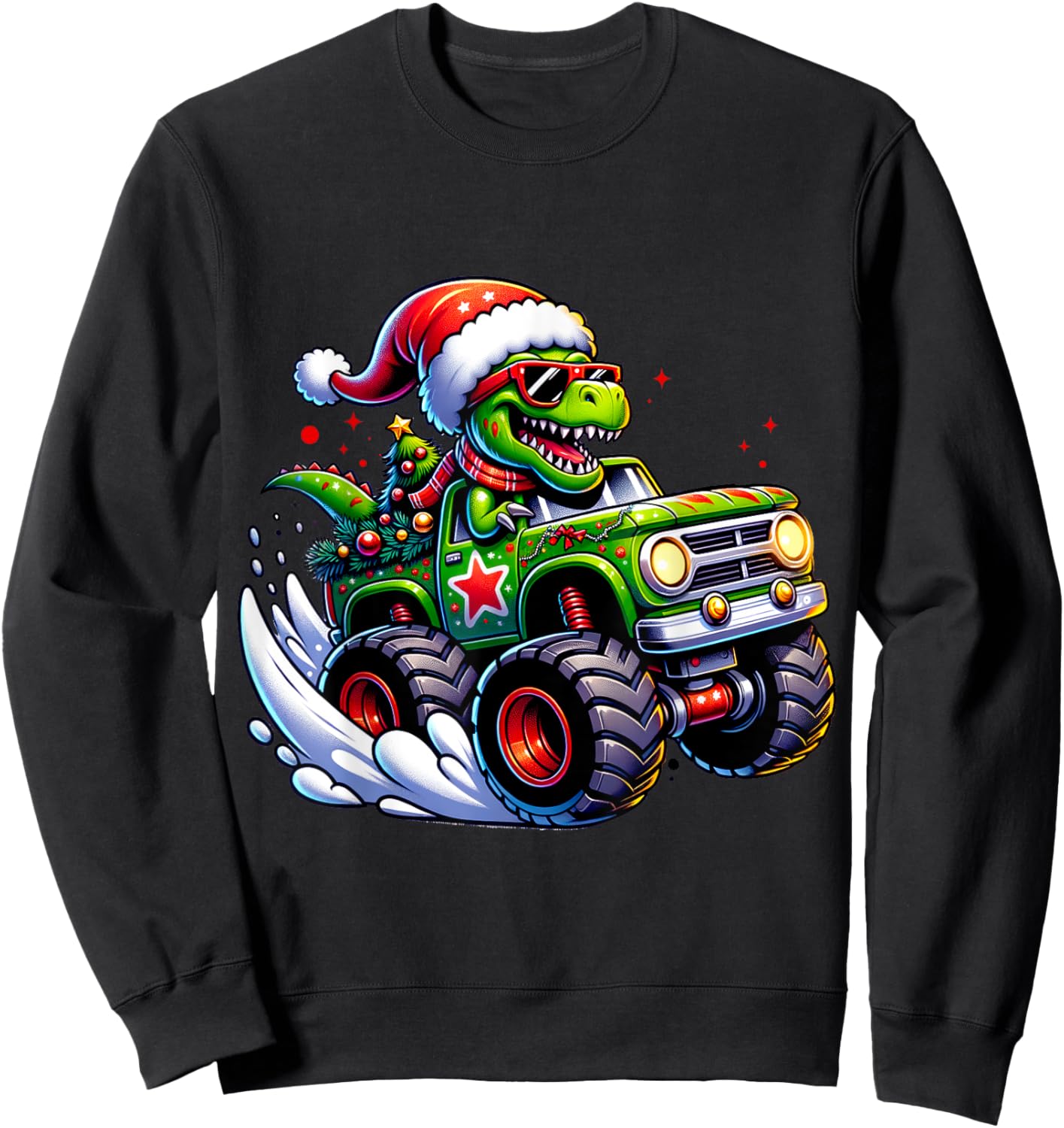 Christmas T Rex Monster Truck Boys Dinosaur Santa Xmas Funny Sweatshirt - Sweatshirt | Black