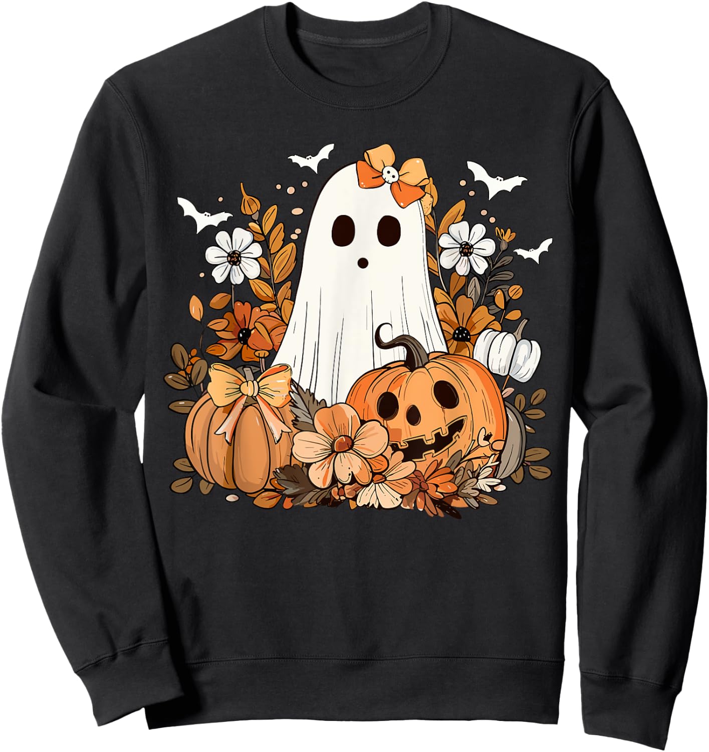 Retro Floral Ghost Cute Pumpkin Autumn Halloween Women Kids Sweatshirt - Sweatshirt | Black