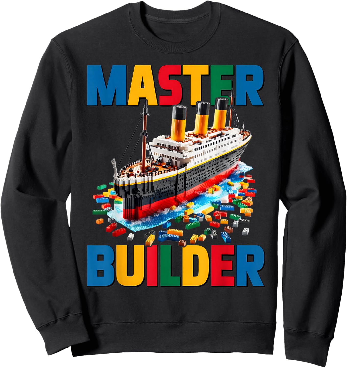 Master Builder Ship Kids Boys Toy Building Blocks Brick Fun Sweatshirt - Sweatshirt | Black