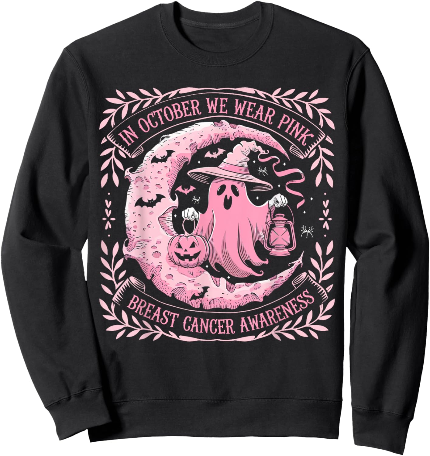 October We Wear Pink Ghost Halloween Pumpkins Breast Cancer Sweatshirt - Sweatshirt | Black