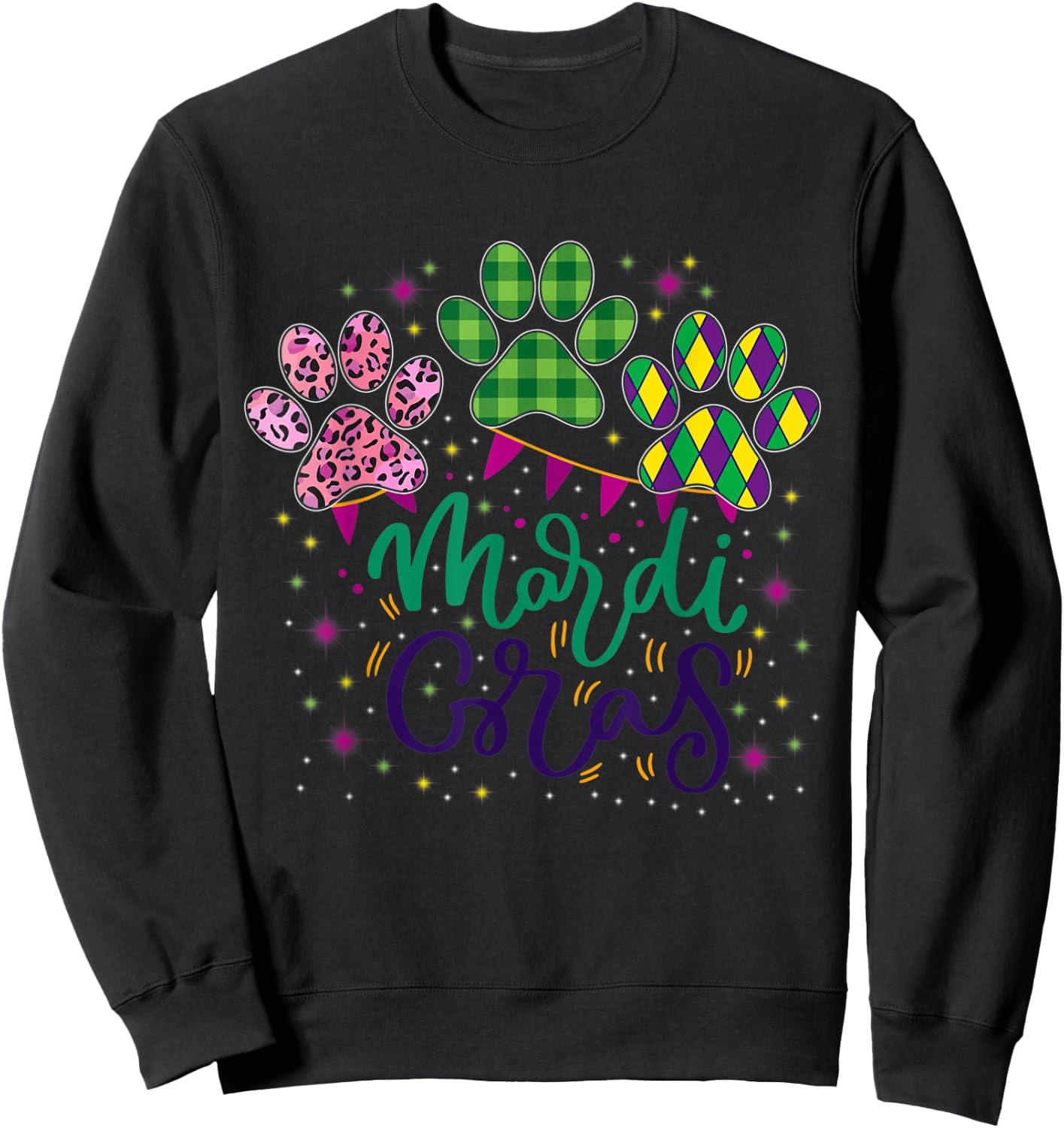 Leopard Print And Buffalo Plaid Dog Paw Mardi Gras Beads Men Women Sweatshirt - Sweatshirt | Black
