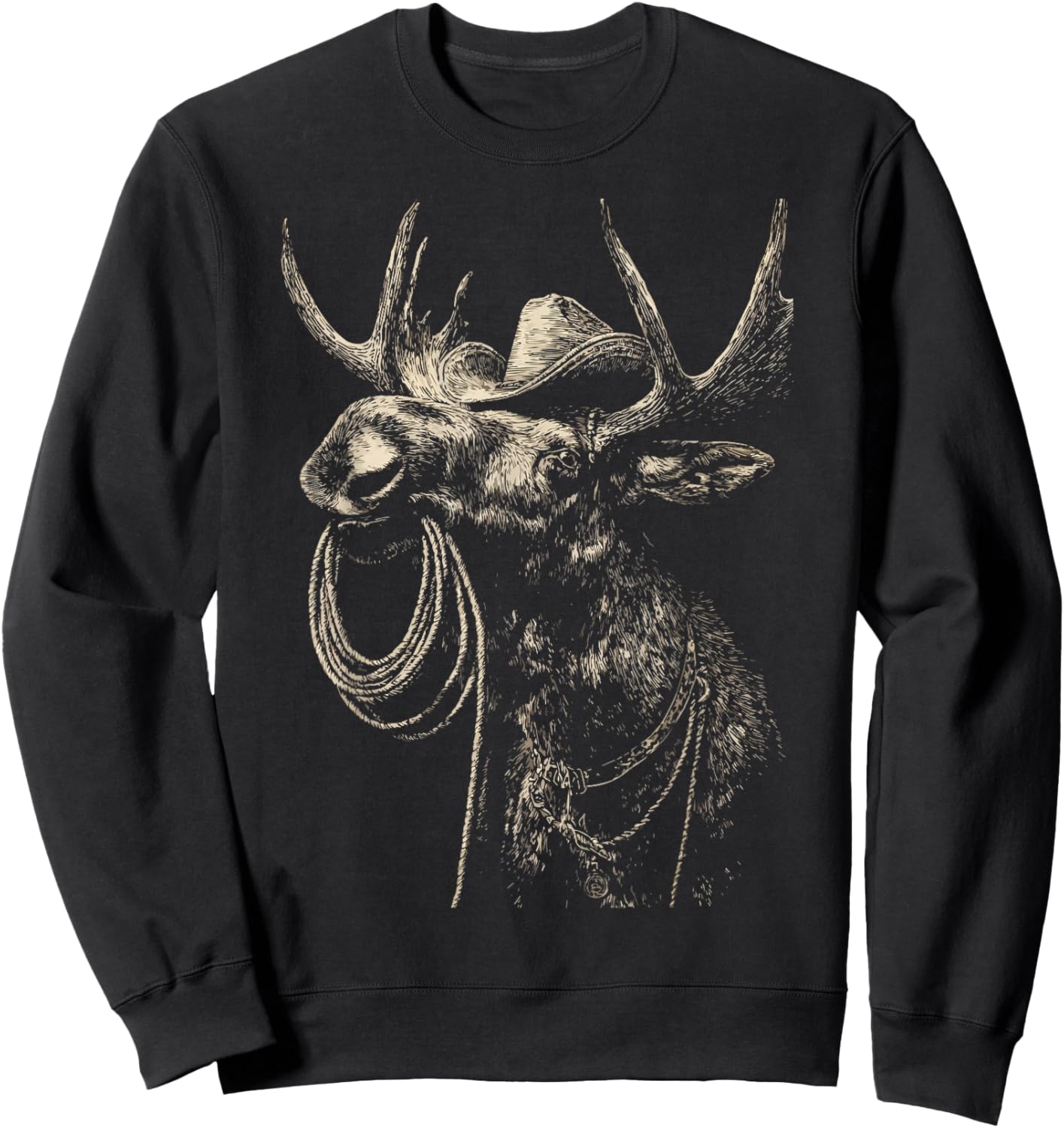Rustic Moose with Cowboy Hat Lasso Western Animal Rodeo Sweatshirt - Sweatshirt | Black