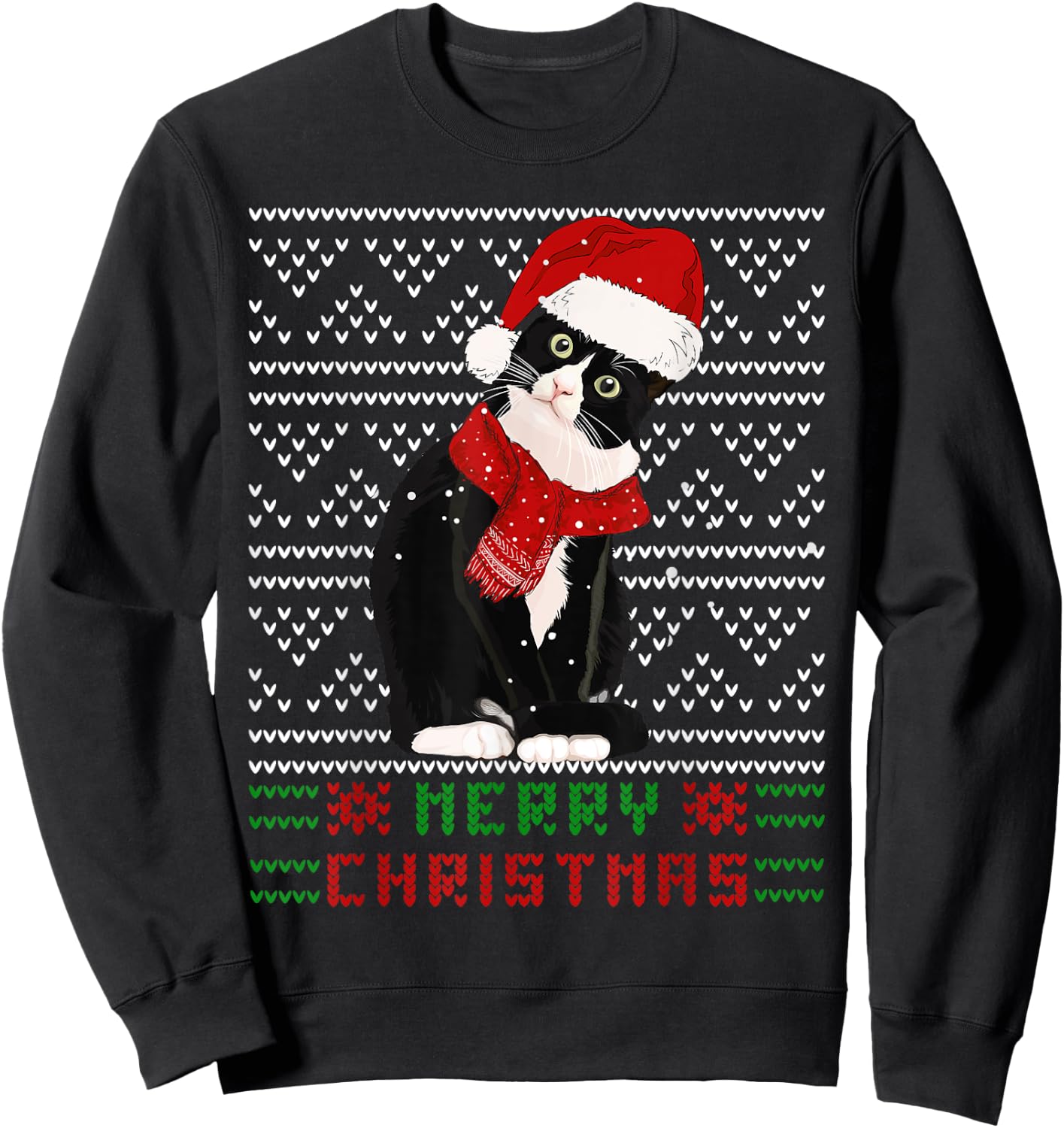 Ugly Christmas Black Cat Santa Hat Scarf Cute Tuxedo Cat Men Women Kids Sweatshirt - Sweatshirt | Black