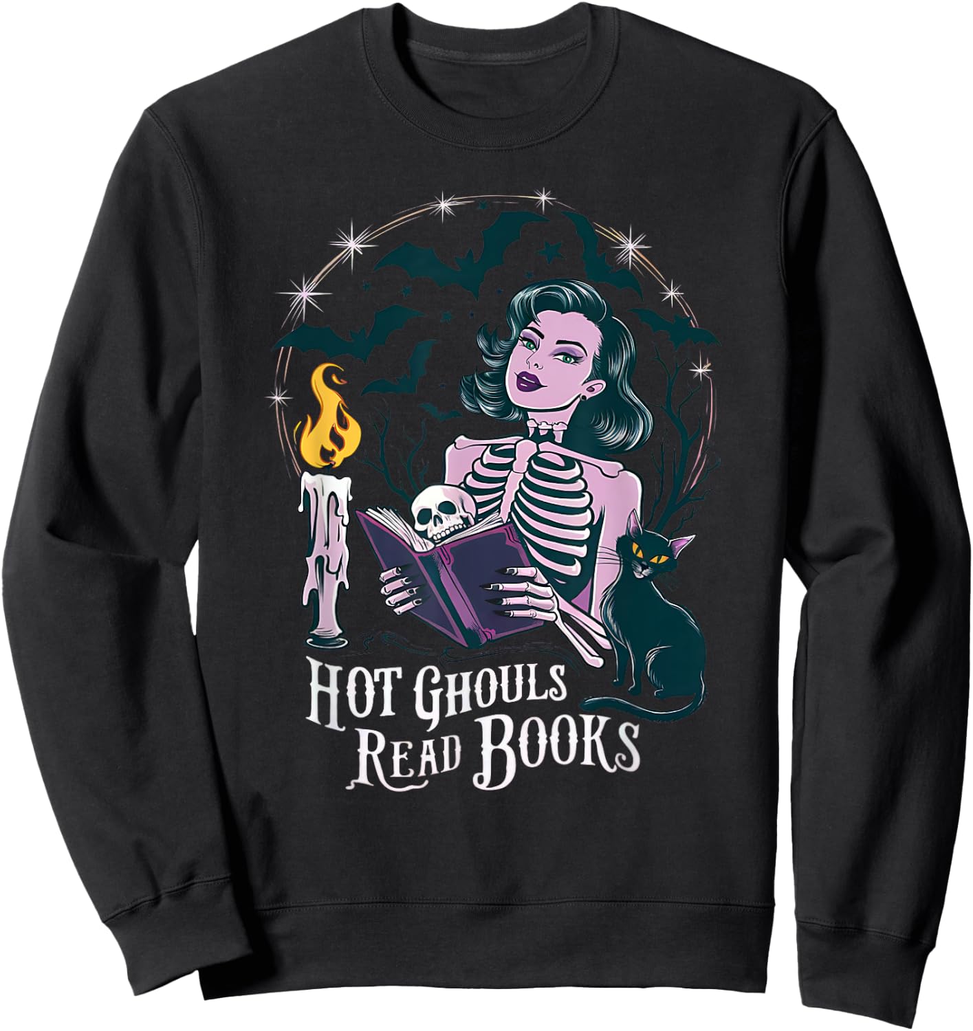 Hot Ghouls Read Book Club Spooky Cat Bat Bookish Halloween Sweatshirt - Sweatshirt | Black