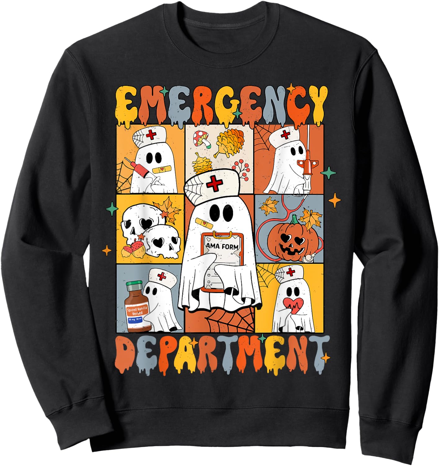 Emergency Department Halloween Cute Pumpkin Ghost ER Nurse Sweatshirt - Sweatshirt | Black
