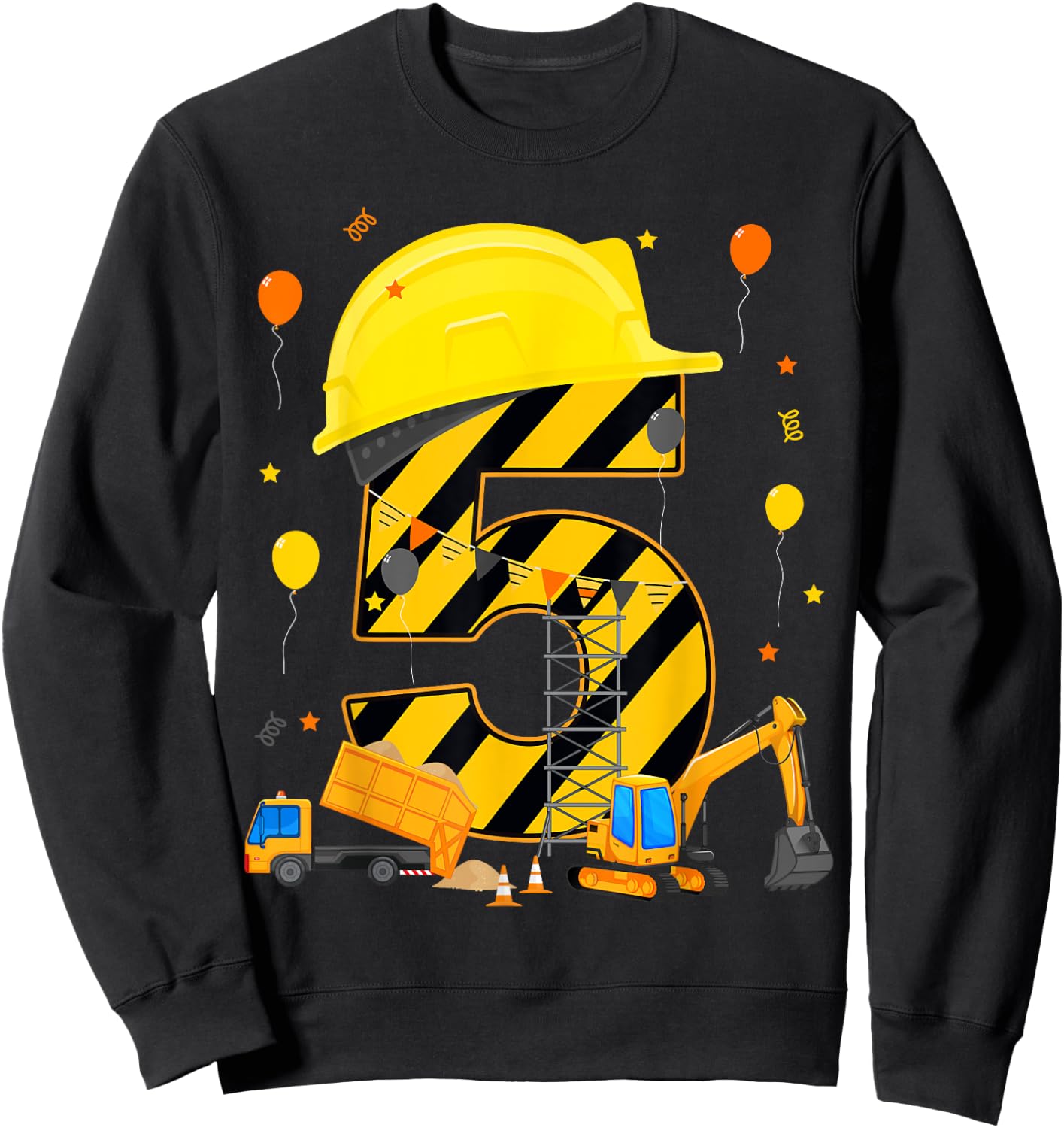 Five 5yr 5th Birthday Construction Vehicles 5 Year Old Sweatshirt - Sweatshirt | Black