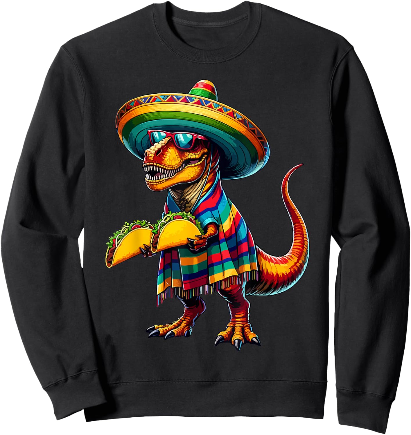 T-rex Dinosaur Taco Lover Cinco de Mayo Sombrero Poncho Sweatshirt - Sweatshirt | Black