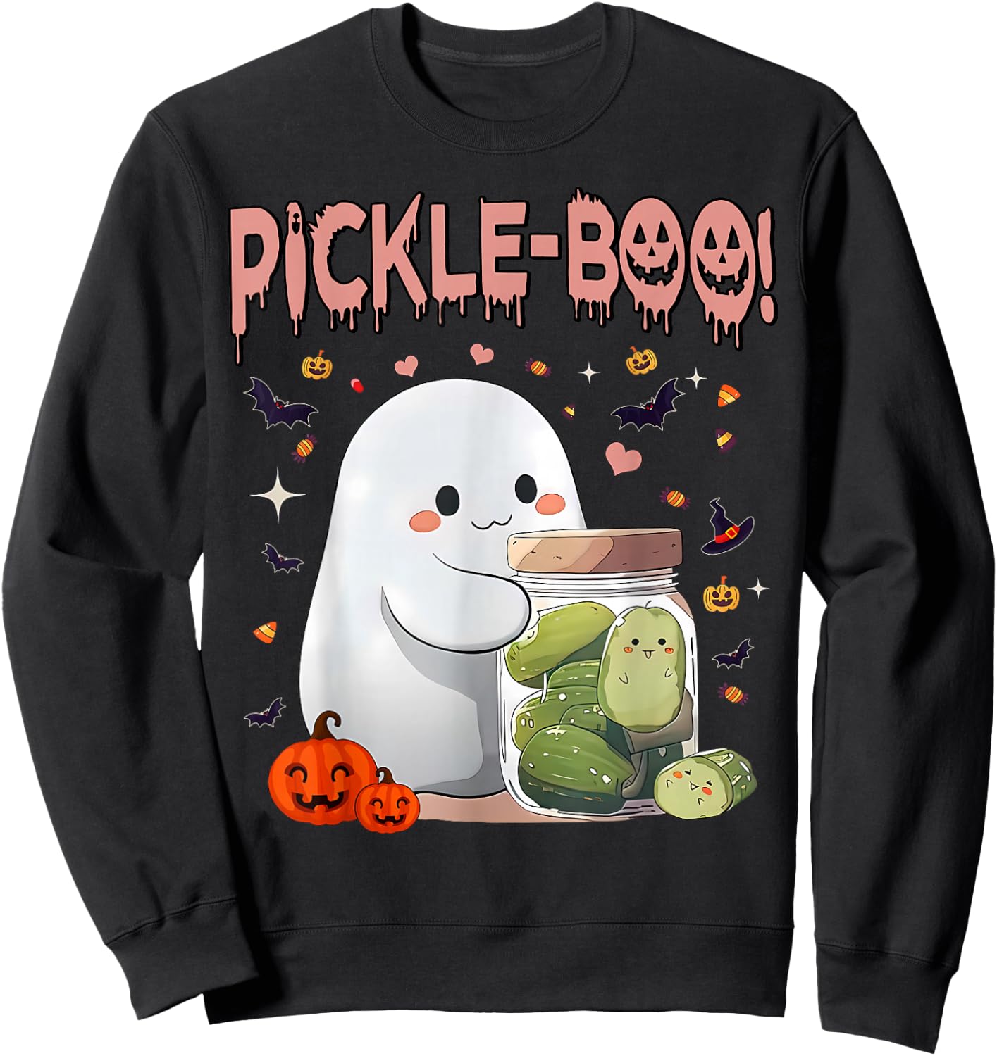 Vintage Kawaii Pickle Boo Ghost Halloween Spooky Season Sweatshirt - Sweatshirt | Black