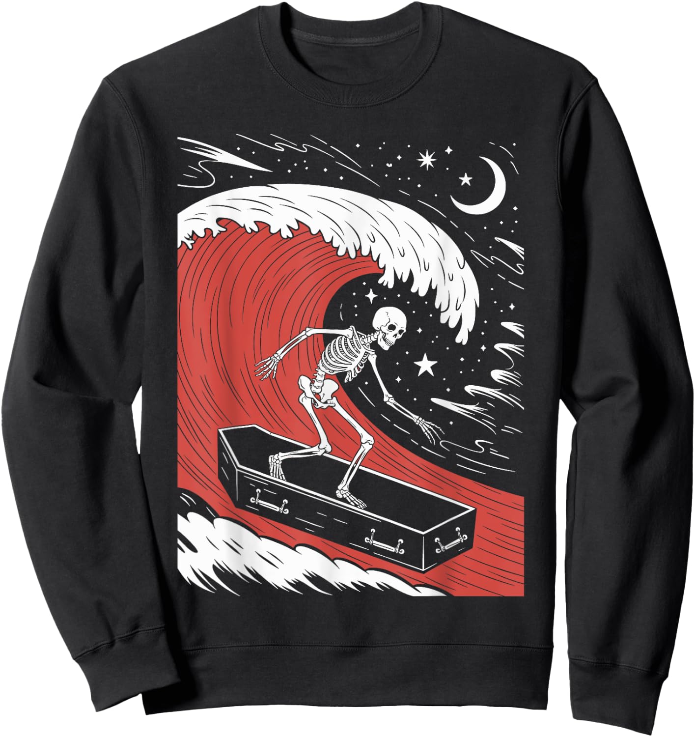 Funny Skeleton Surfing With a Coffin Spooky Halloween Surfer Sweatshirt - Sweatshirt | Black
