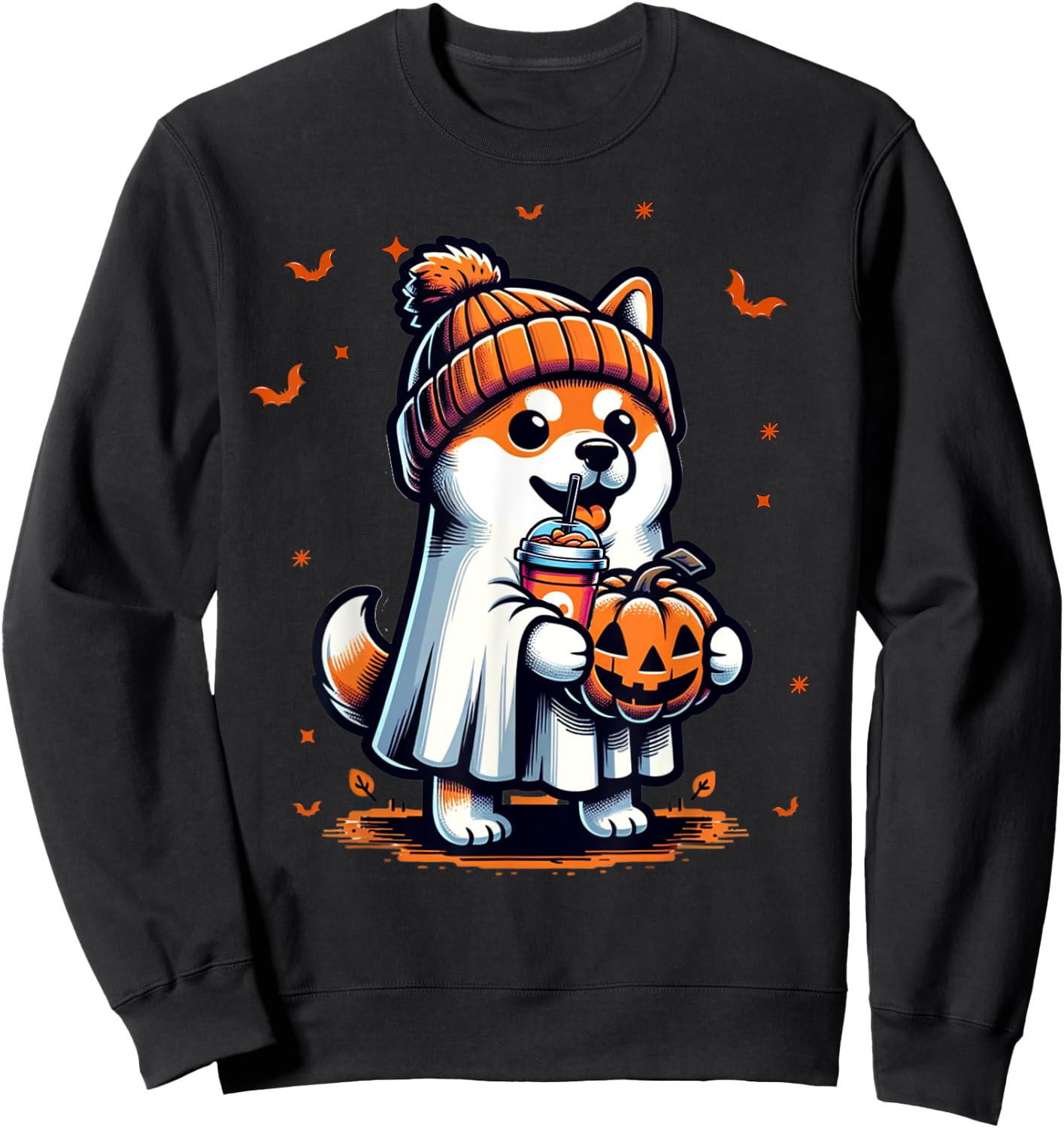 Ghost Shiba Inu Dog Pumpkin Drinks Beanie Fall Halloween Women Kids Sweatshirt - Sweatshirt | Black