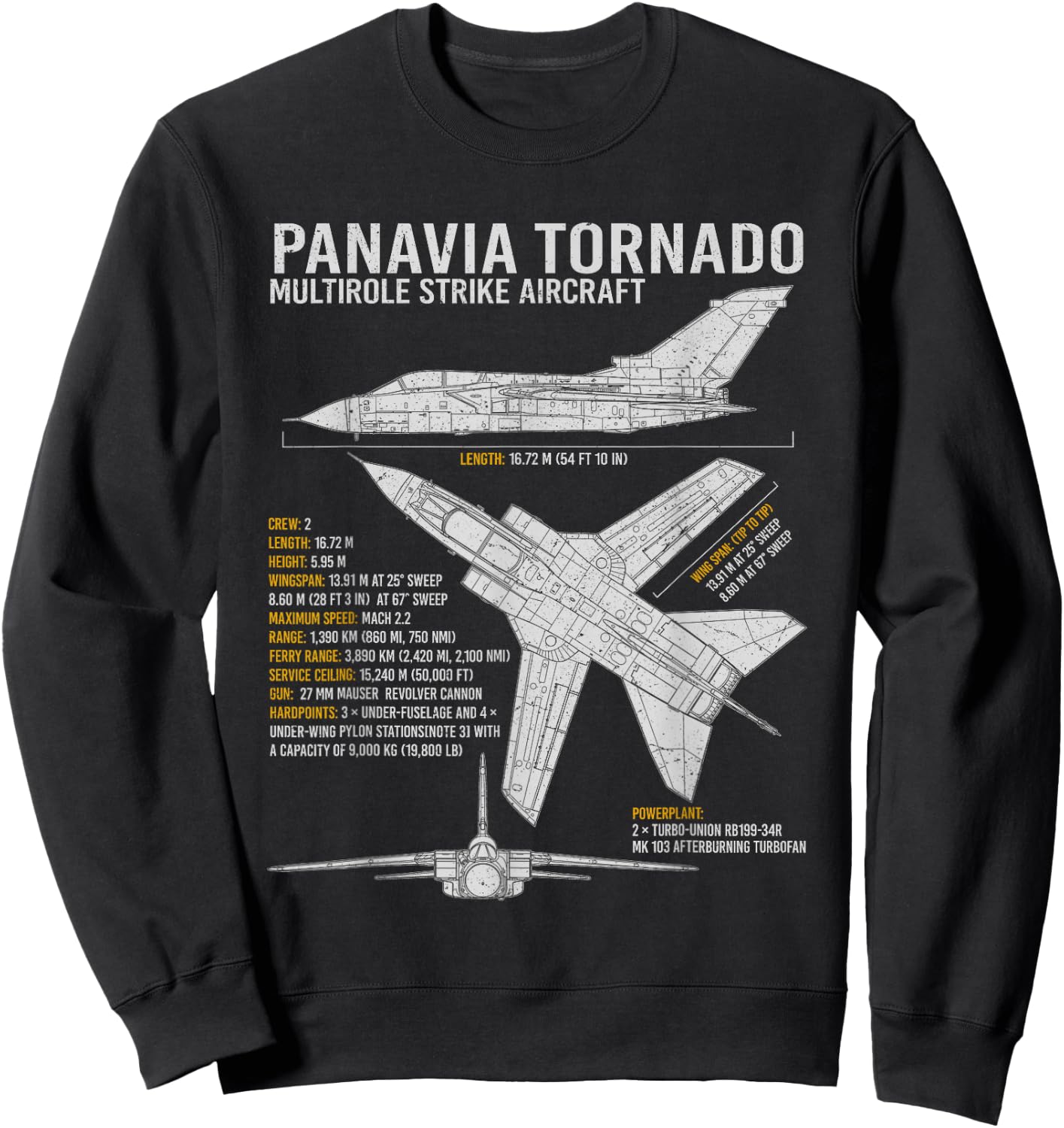 Tornado Jet Fighter Aircraft Airplane Blueprint Warplane Sweatshirt - Sweatshirt | Black