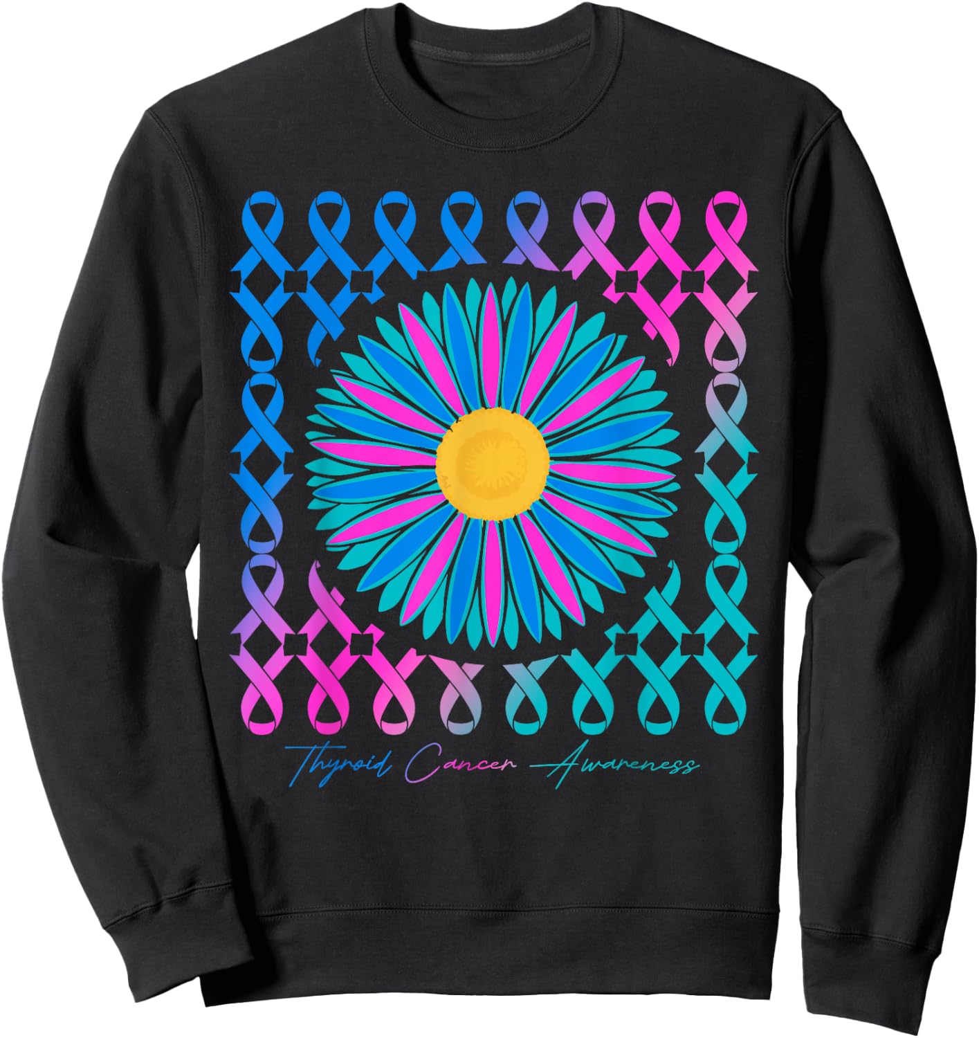 Thyroid Cancer Awareness Teal Pink Blue Ribbons Sweatshirt - Sweatshirt | Black