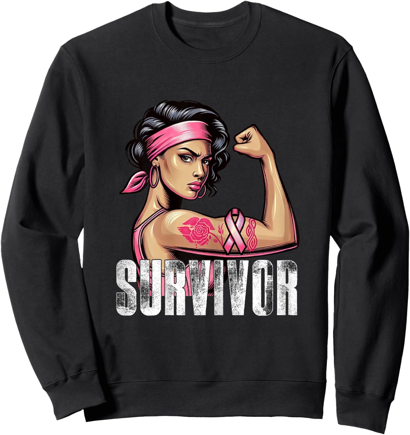 Breast Cancer Survivor Rosie Riveter Pink Awareness Women Sweatshirt - Sweatshirt | Black