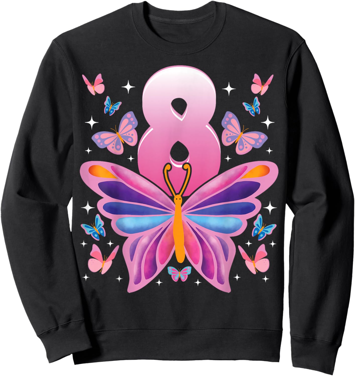 Kids 8 Years Old Cute Butterfly 8th Birthday Celebration Sweatshirt - Sweatshirt | Black
