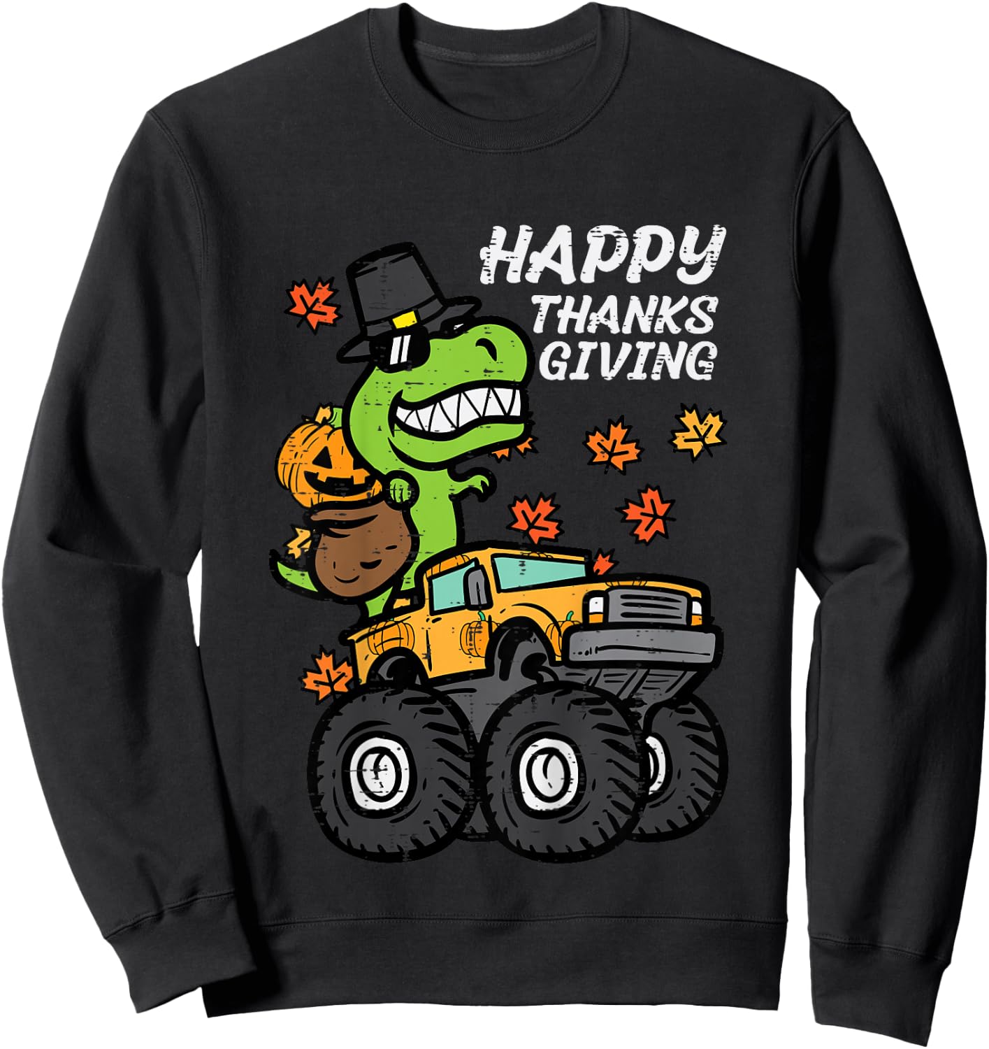 Kids Happy Thanksgiving Trex Monster Truck Fall Toddler Boys Kids Sweatshirt - Sweatshirt | Black