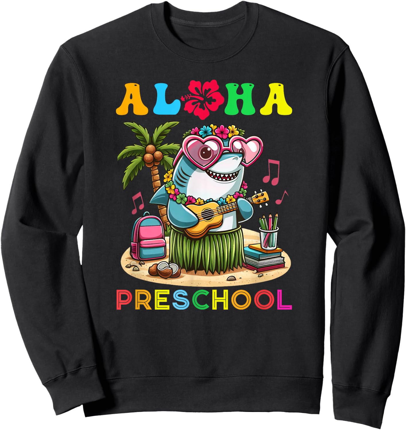 Aloha Preschool Shark Hawaii Back to School Kids Girl Sweatshirt - Sweatshirt | Black