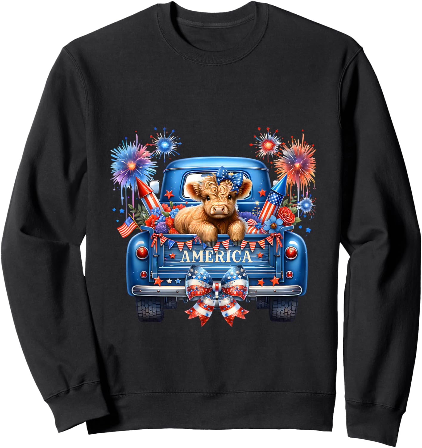 4th of July Highland Cow Green Truck Coquette Bow & Firework Sweatshirt - Sweatshirt | Black