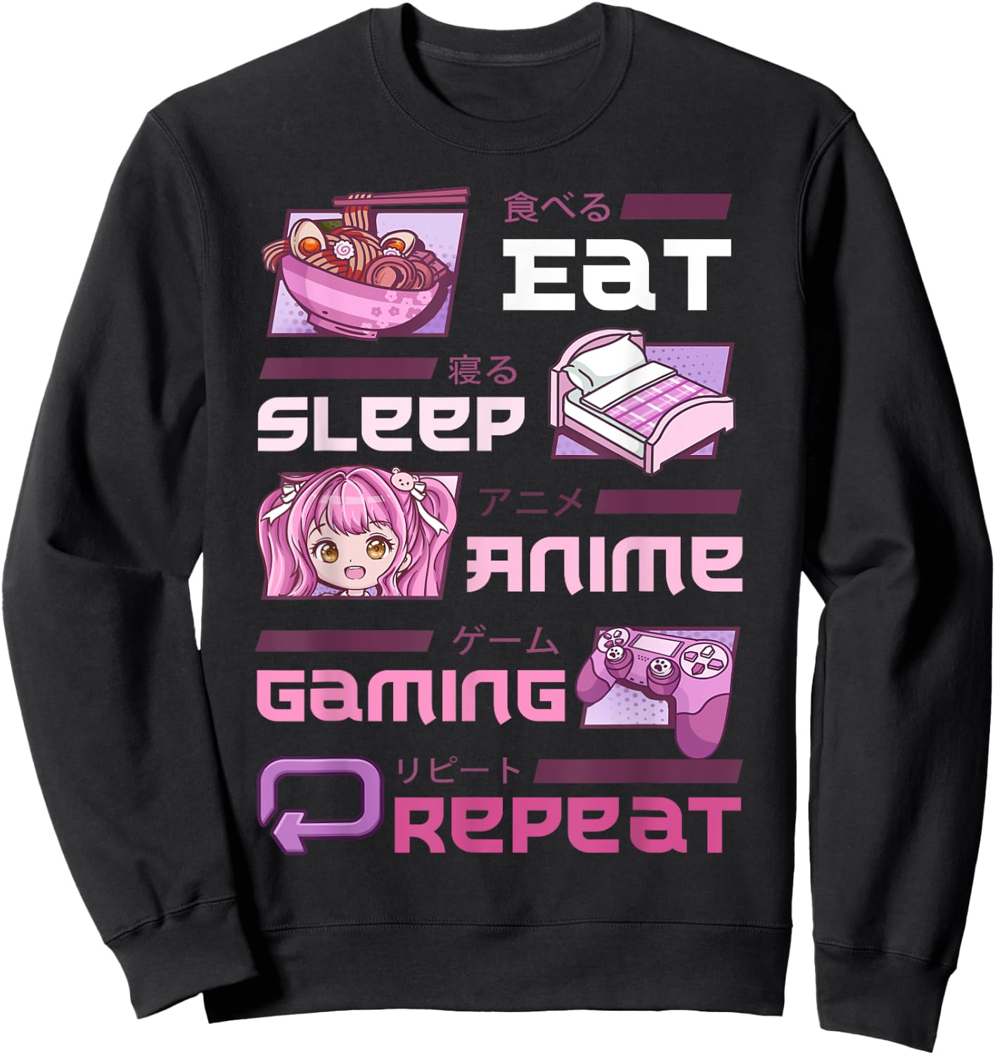 Gamer Gaming Video Games Funny Eat Sleep Anime Gaming Repeat Sweatshirt - Sweatshirt | Black