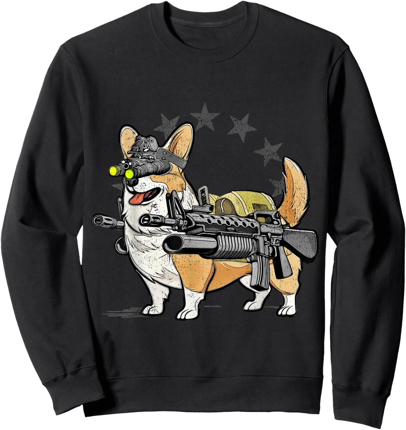 1 Nation -Adults Combat Corgi Patriotic Cartoon , Black, Small, Short Sleeve Sweatshirt - Sweatshirt | Black