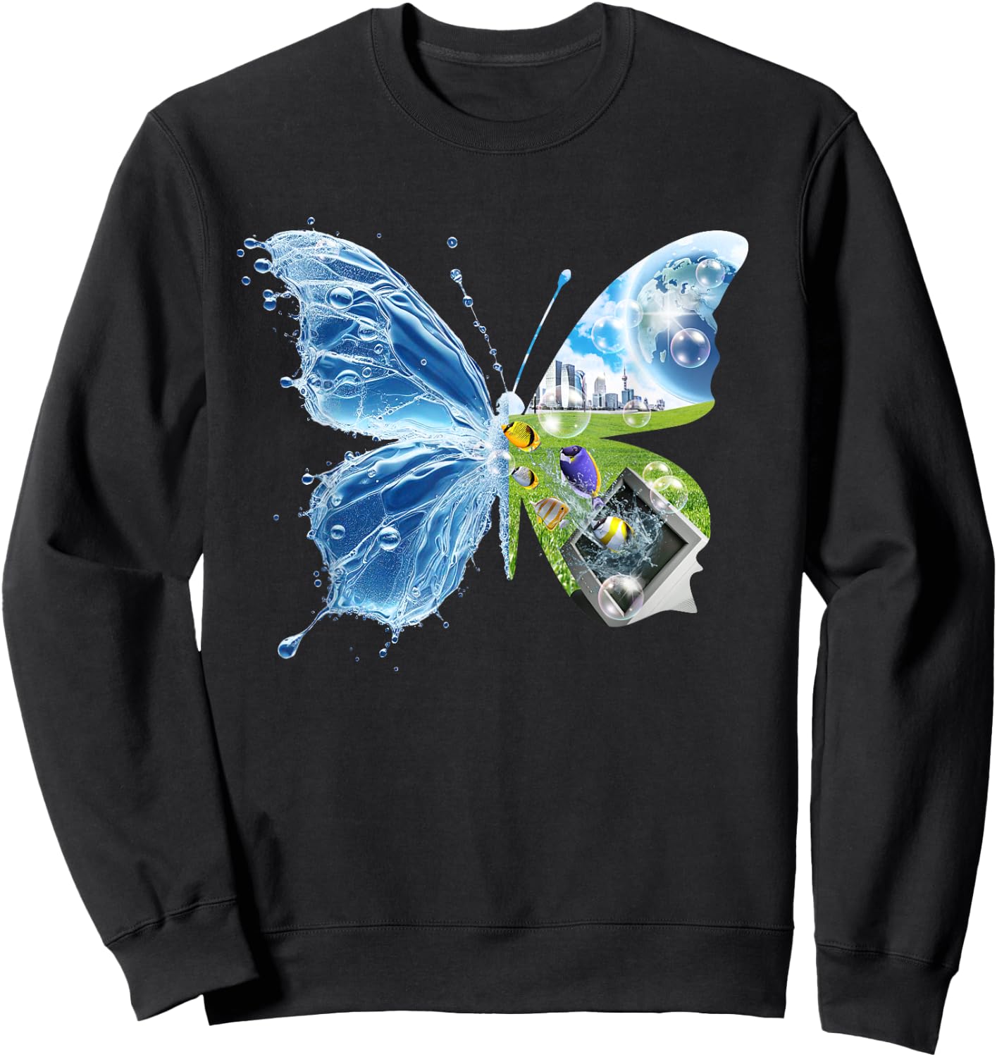 Frutiger Aero Aesthetic Butterfly Computer Fishes Scenery Sweatshirt - Sweatshirt | Black