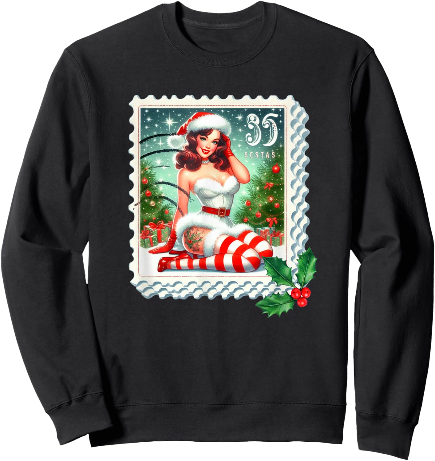Vintage Christmas Stamp Holiday Pin Up Girl Design Sweatshirt - Sweatshirt | Black